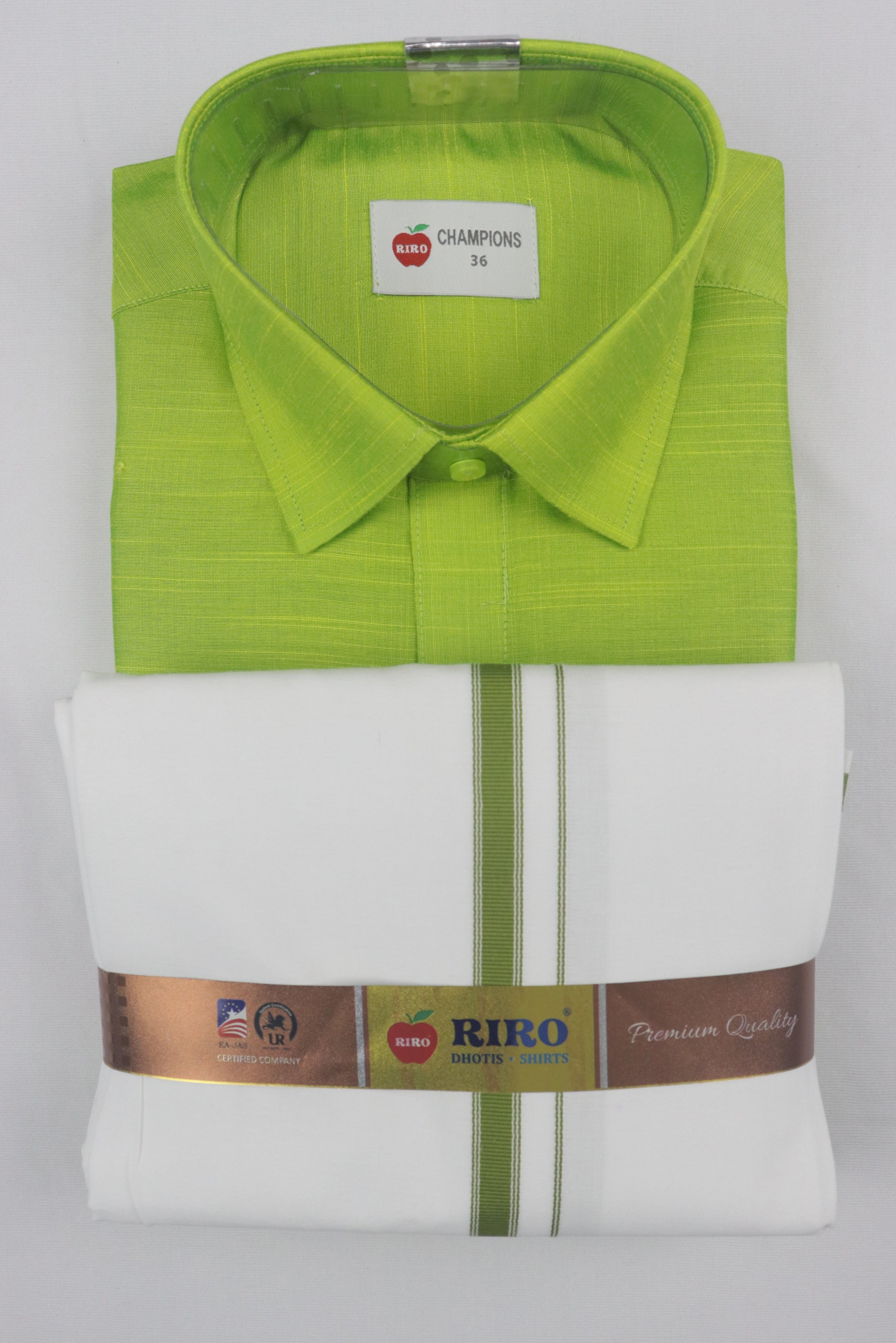 MEN'S MATCHING FANCY BORDER SINGLE DHOTI & SHIRT SET- LIME GREEN GRABO365