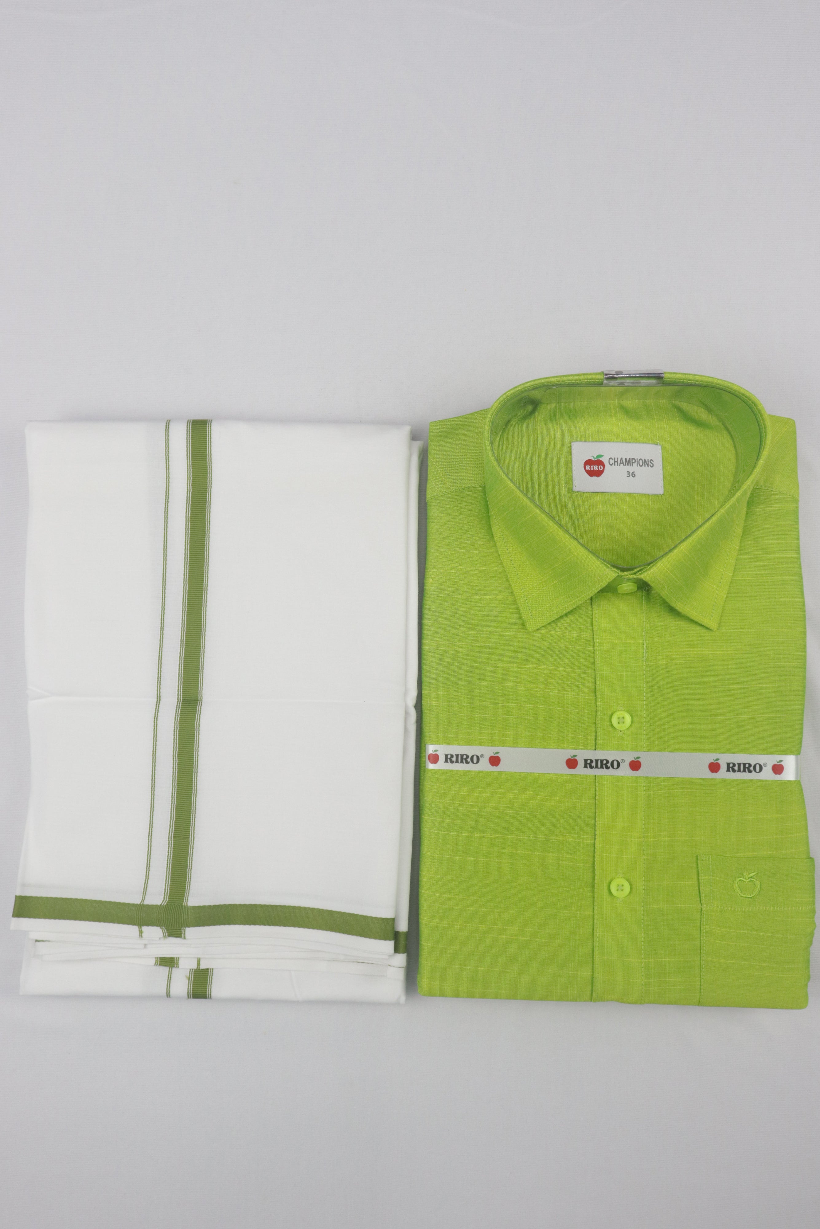 MEN'S MATCHING FANCY BORDER SINGLE DHOTI & SHIRT SET- LIME GREEN GRABO365