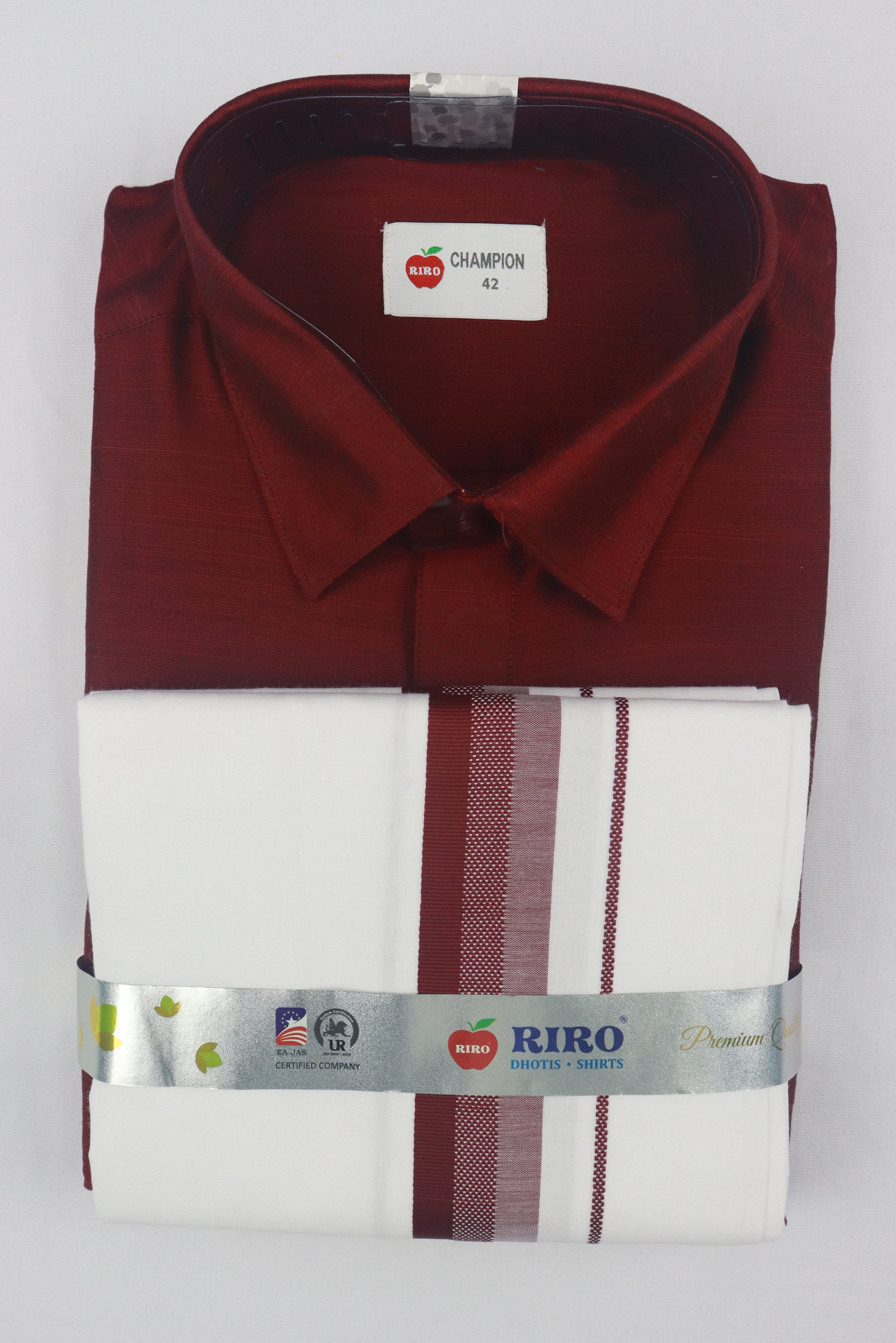 MEN'S MATCHING FANCY BORDER SINGLE DHOTI & SHIRT SET- MAROON GRABO365