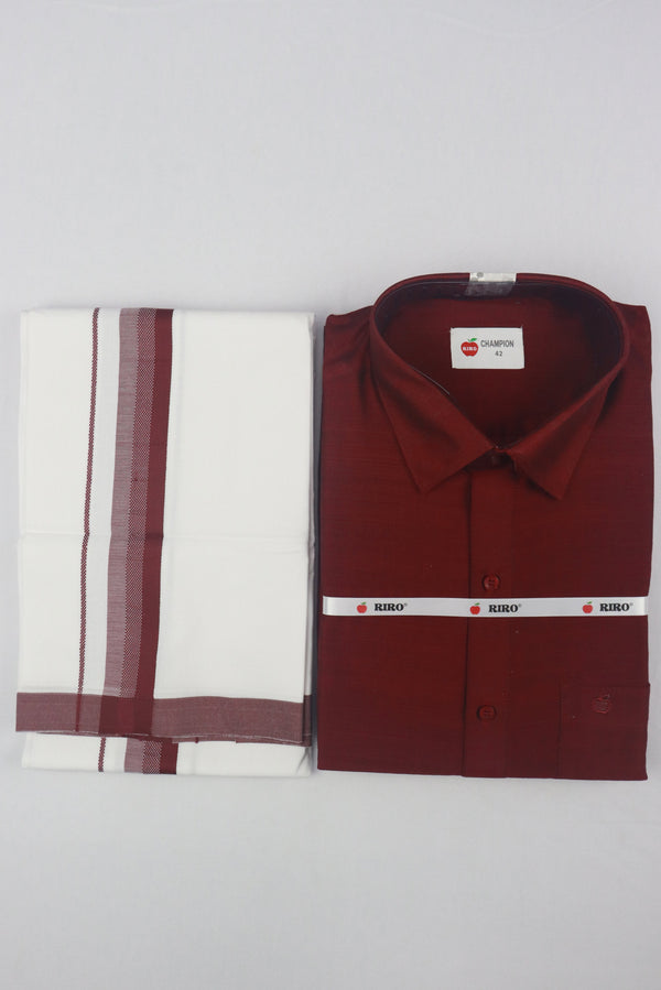 MEN'S MATCHING FANCY BORDER SINGLE DHOTI & SHIRT SET- MAROON GRABO365