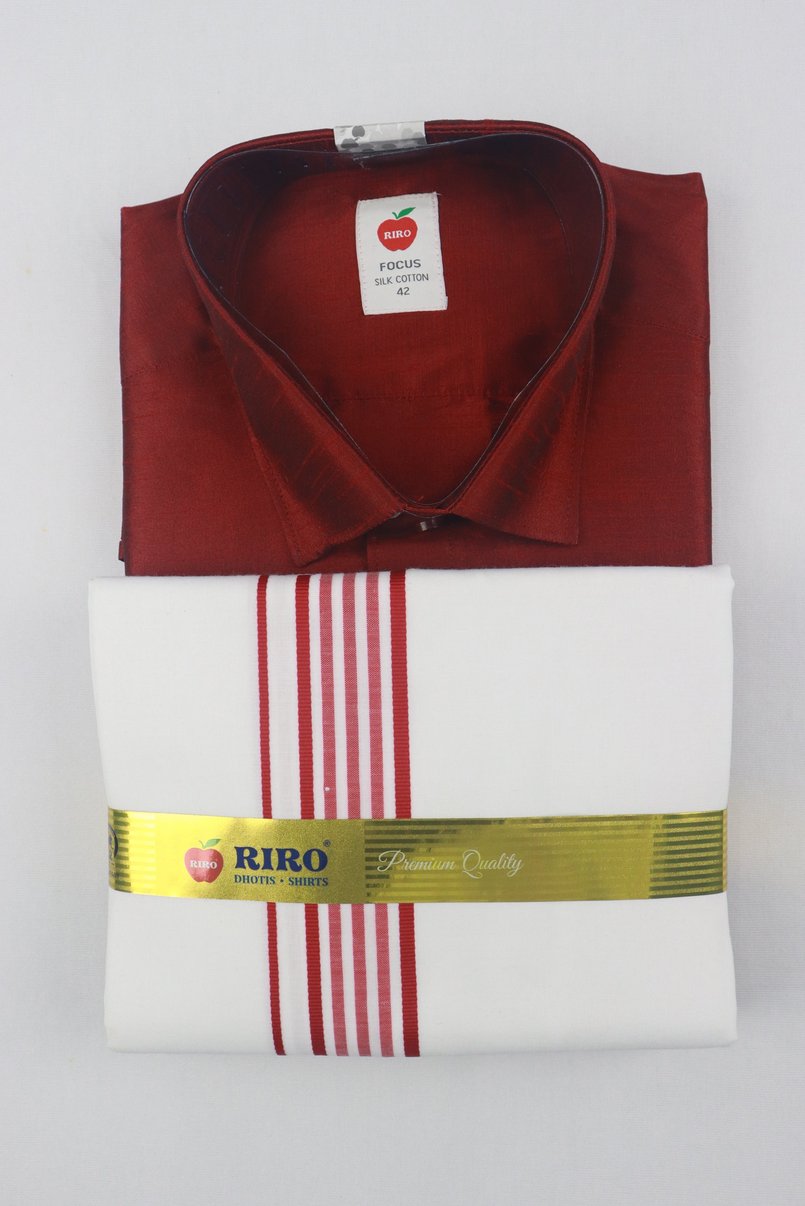 MEN'S MATCHING FANCY BORDER SINGLE DHOTI & SHIRT SET- MAROON GRABO365