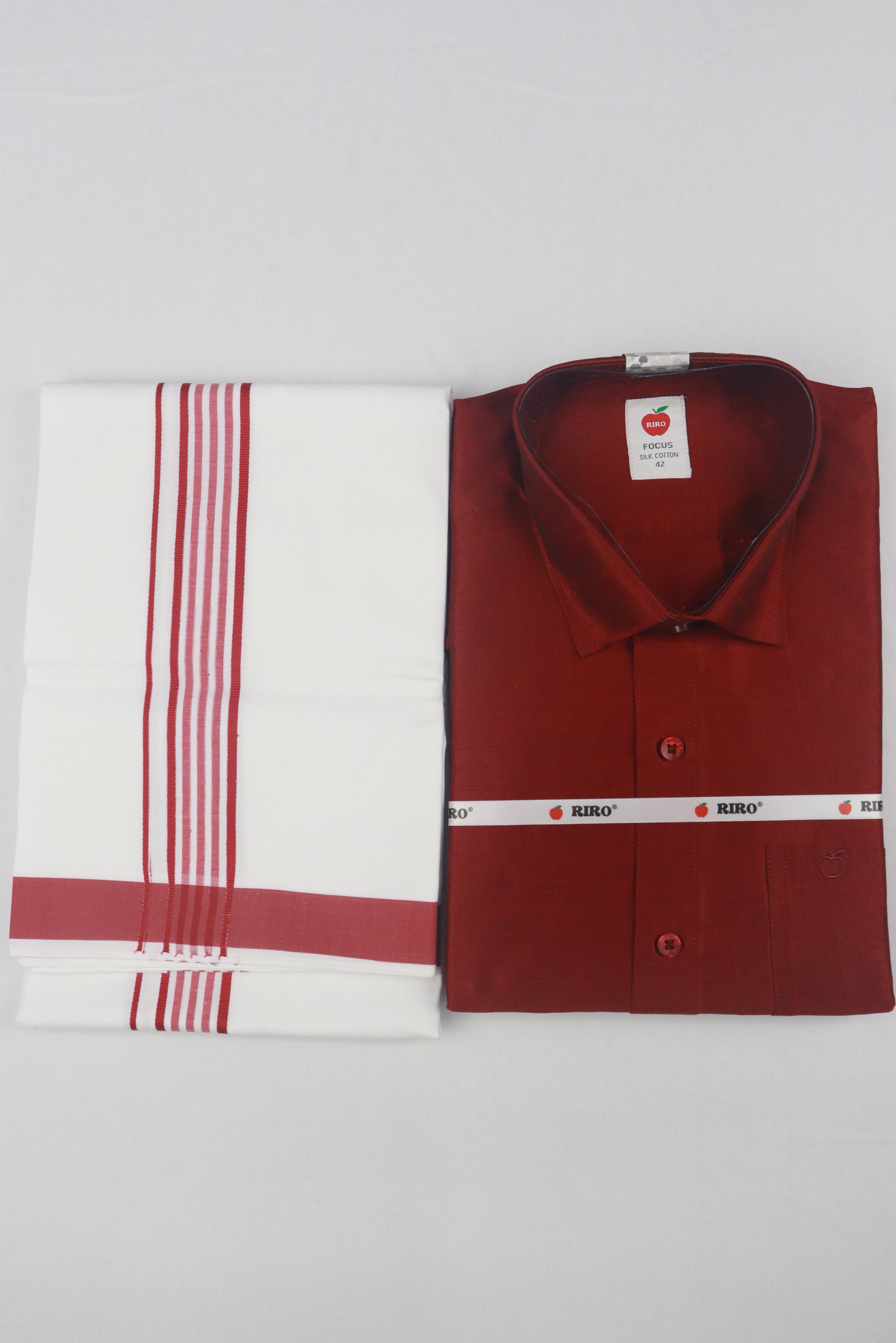 MEN'S MATCHING FANCY BORDER SINGLE DHOTI & SHIRT SET- MAROON GRABO365