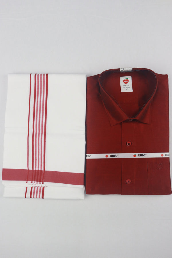 MEN'S MATCHING FANCY BORDER SINGLE DHOTI & SHIRT SET- MAROON GRABO365