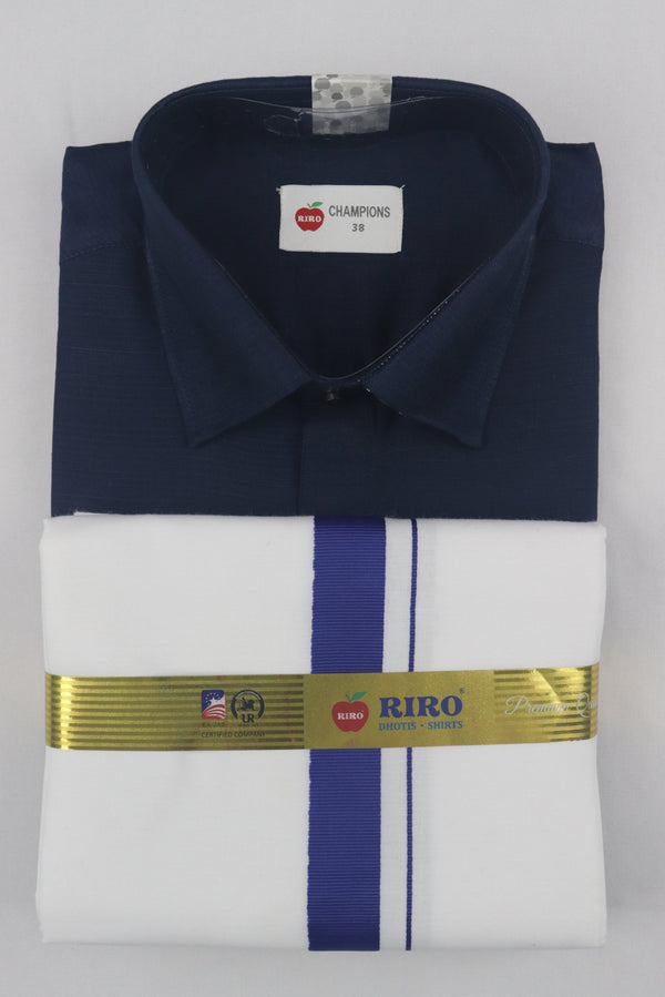 MEN'S MATCHING FANCY BORDER SINGLE DHOTI & SHIRT SET- NAVY BLUE GRABO365