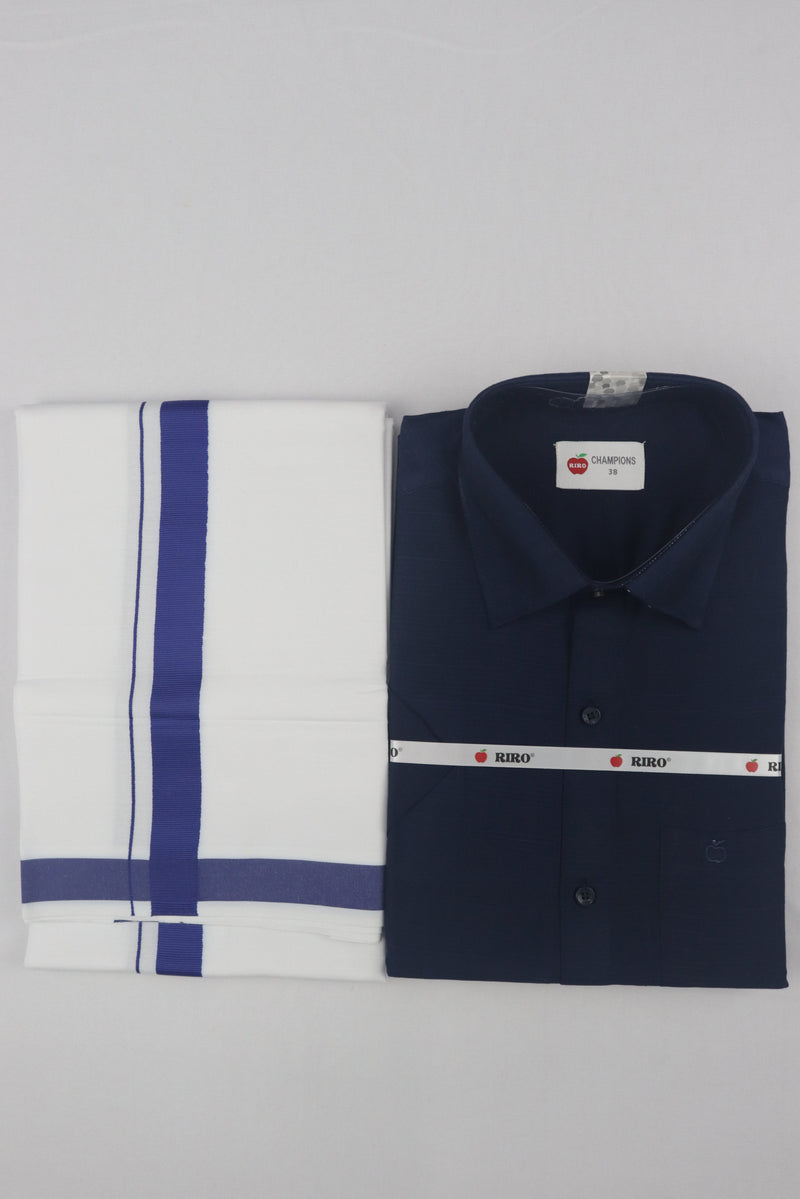 MEN'S MATCHING FANCY BORDER SINGLE DHOTI & SHIRT SET- NAVY BLUE GRABO365