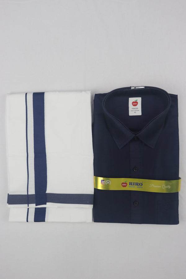 MEN'S MATCHING FANCY BORDER SINGLE DHOTI & SHIRT SET- NAVY BLUE GRABO365