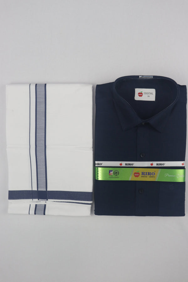 MEN'S MATCHING FANCY BORDER SINGLE DHOTI & SHIRT SET- NAVY BLUE GRABO365