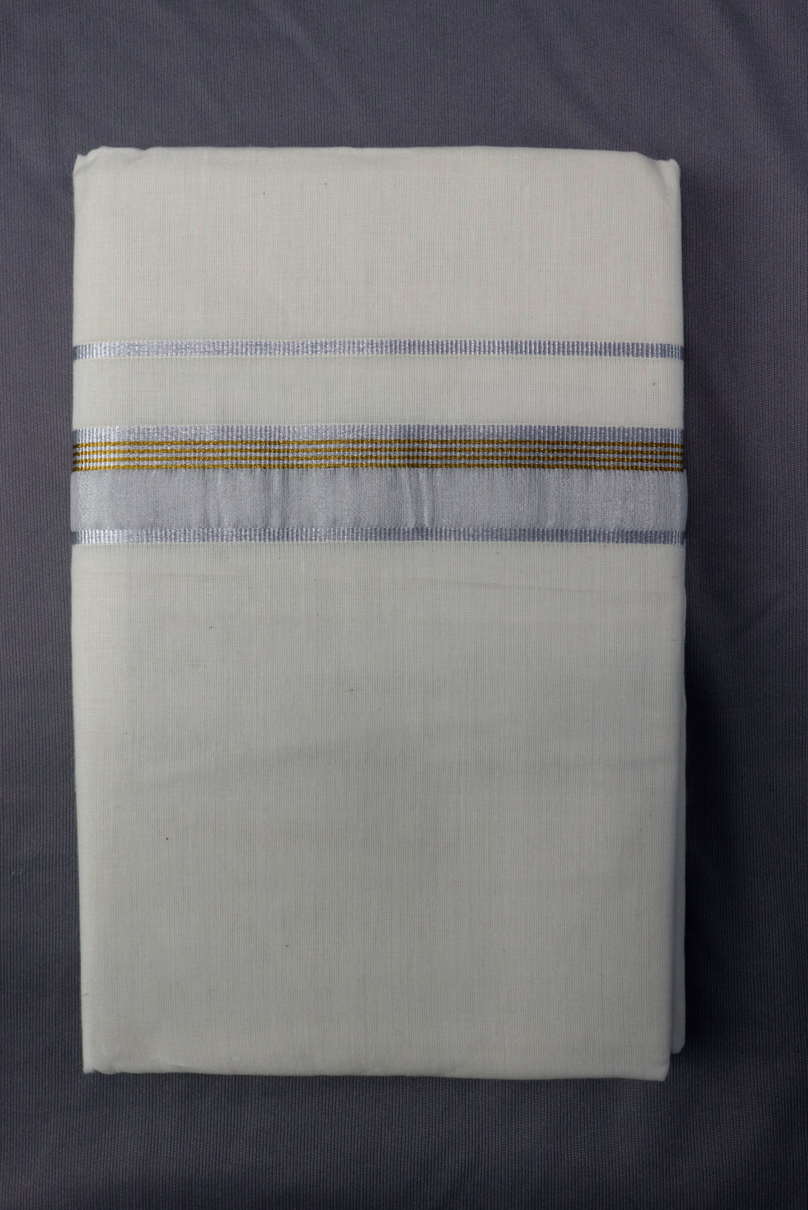 MEN'S DOUBLE DHOTI CREAM WITH FANCY SILVER ZARI BORDER GRABO365