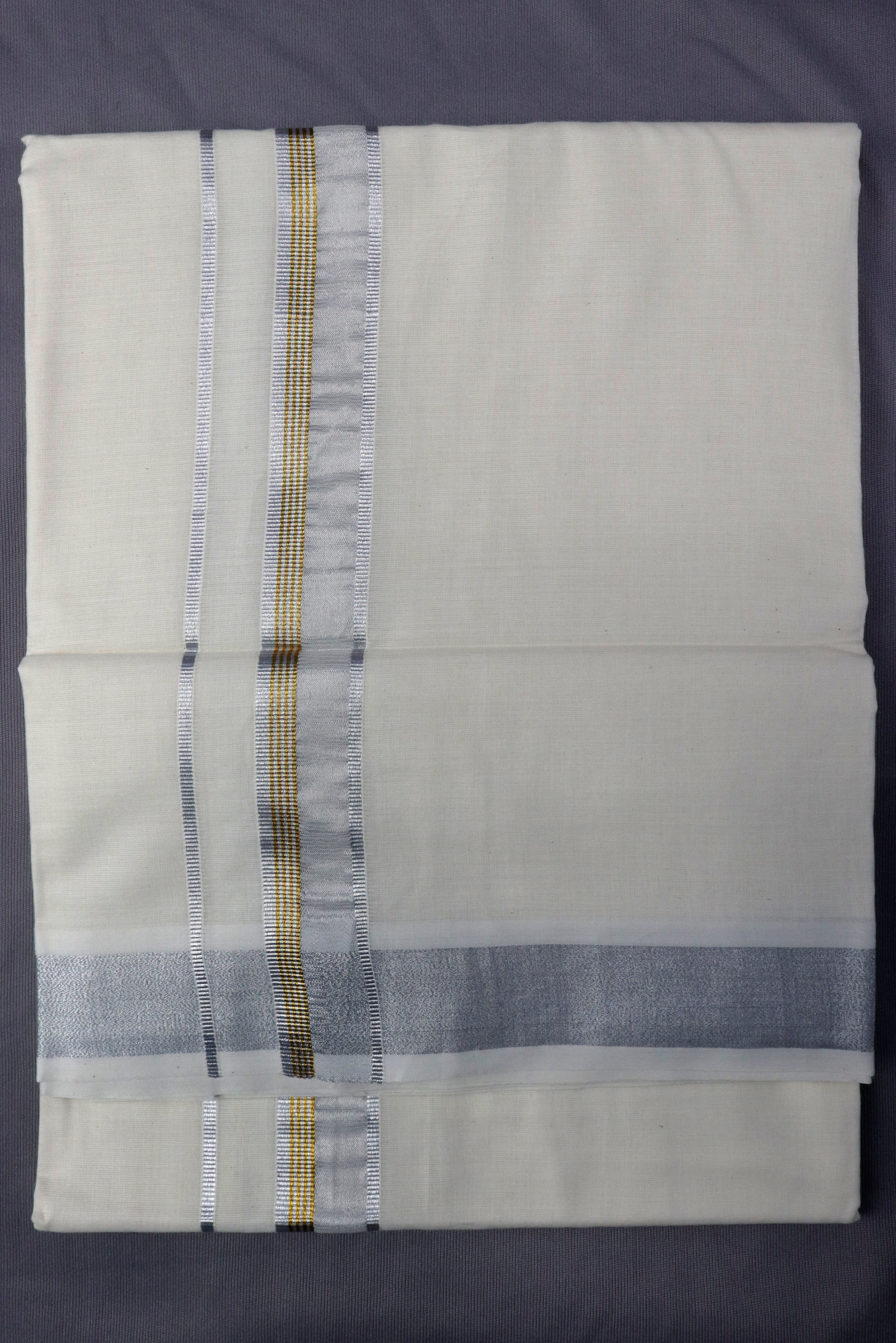 MEN'S DOUBLE DHOTI CREAM WITH FANCY SILVER ZARI BORDER GRABO365