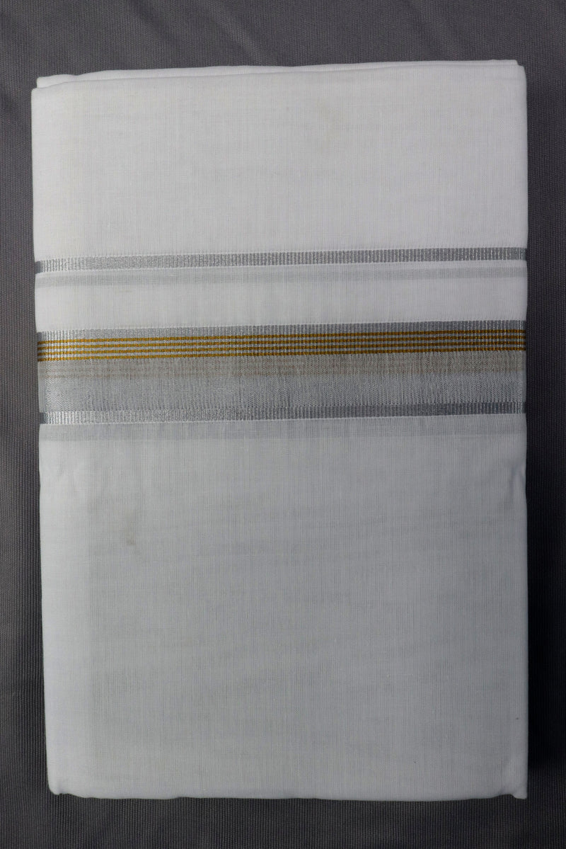 MEN'S DOUBLE DHOTI WHITE WITH FANCY SILVER ZARI BORDER GRABO365