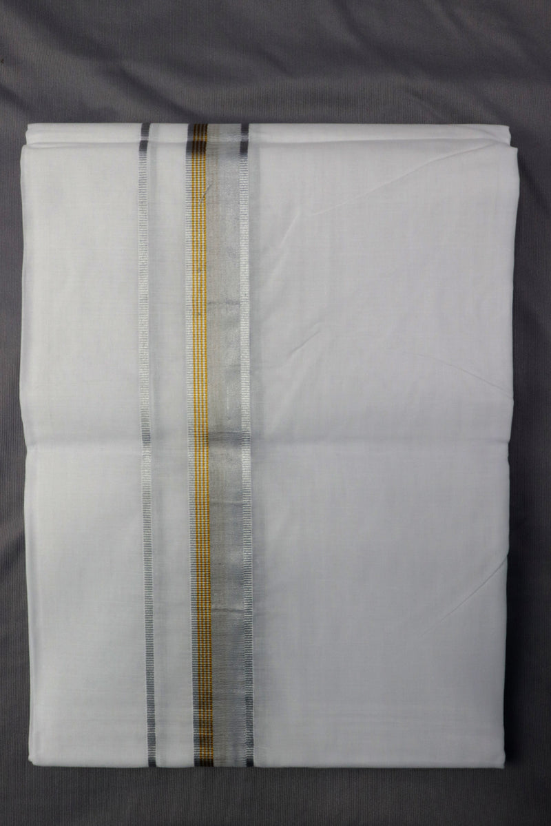 MEN'S DOUBLE DHOTI WHITE WITH FANCY SILVER ZARI BORDER GRABO365