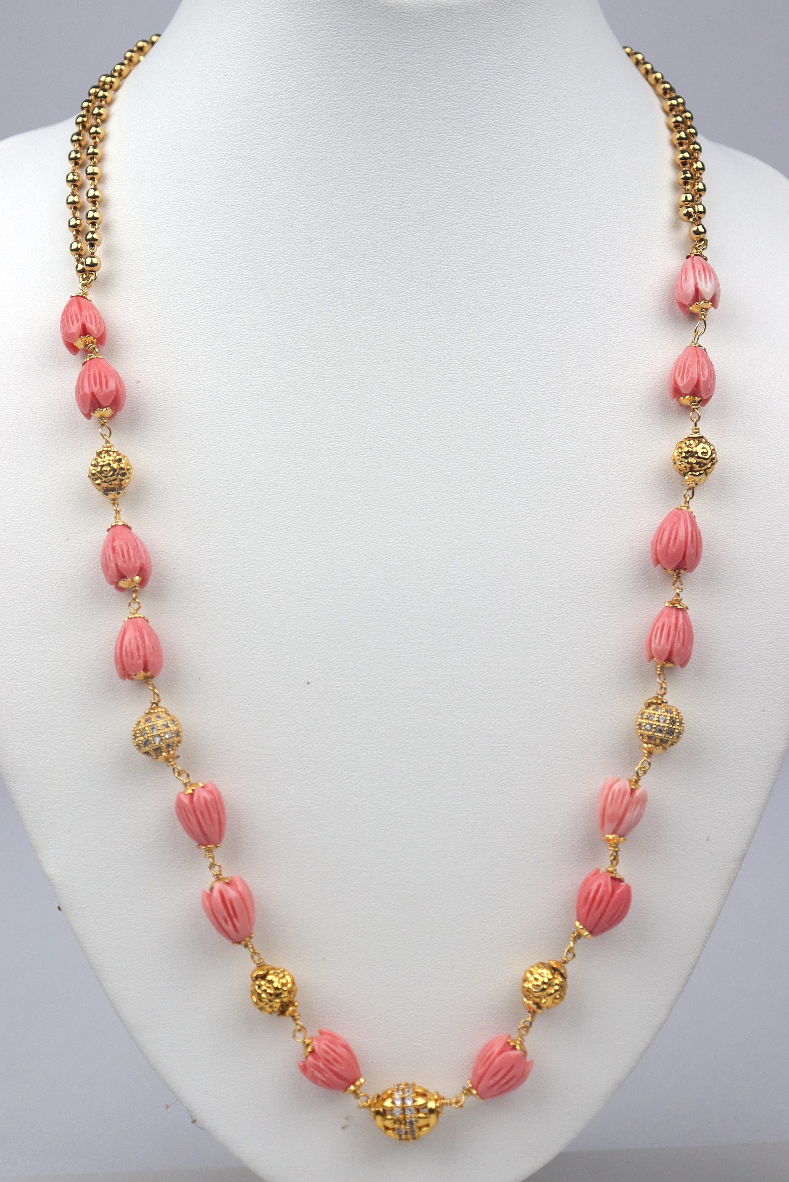 TULIP BEADS WITH CZ AND NAKSHI BALLS IN GOLDEN FINISH NECKLACE GRABO365