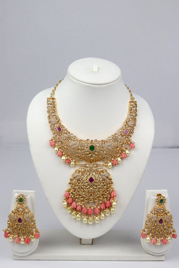 GOLD PLATED STONE EMBELLISHED NECKLACE WITH DROP EARRINGS SET GRABO365