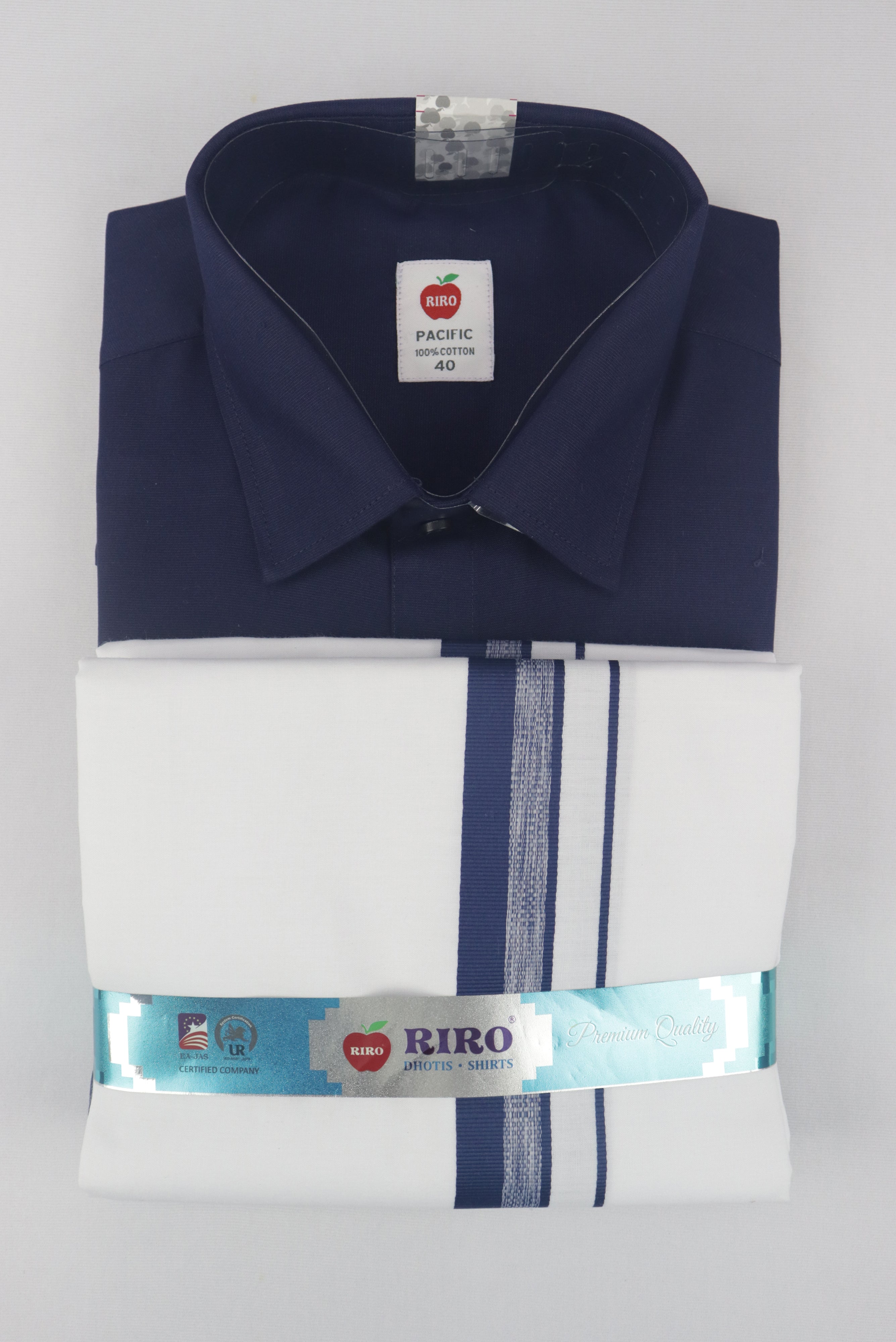 MEN'S MATCHING FANCY BORDER SINGLE DHOTI & SHIRT SET- NAVY BLUE GRABO365