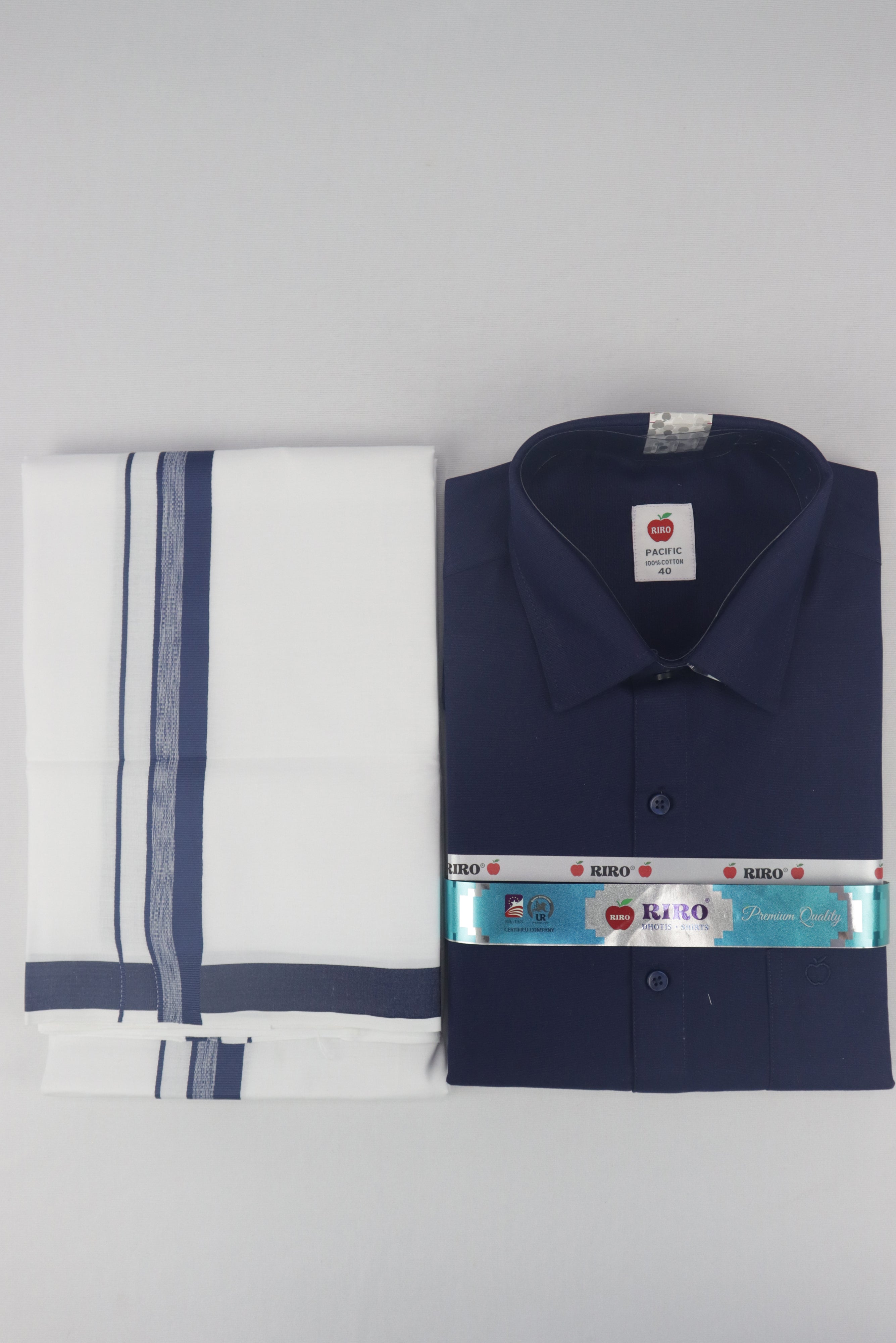 MEN'S MATCHING FANCY BORDER SINGLE DHOTI & SHIRT SET- NAVY BLUE GRABO365