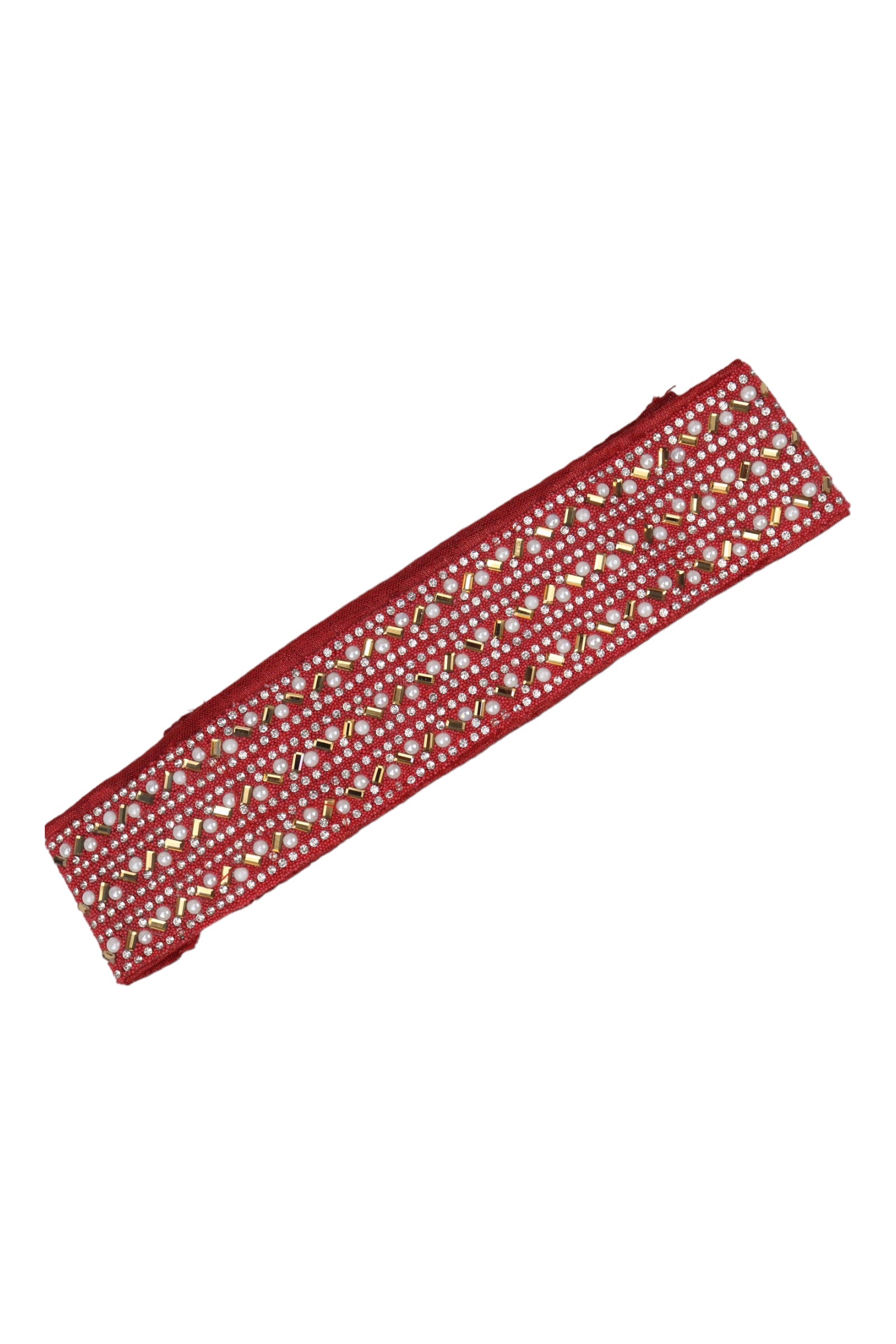 SEQUENCE PEARL & STONE WORK STRETCHABLE CLOTH HIP BELT/SAREE BELT - RED GRABO365