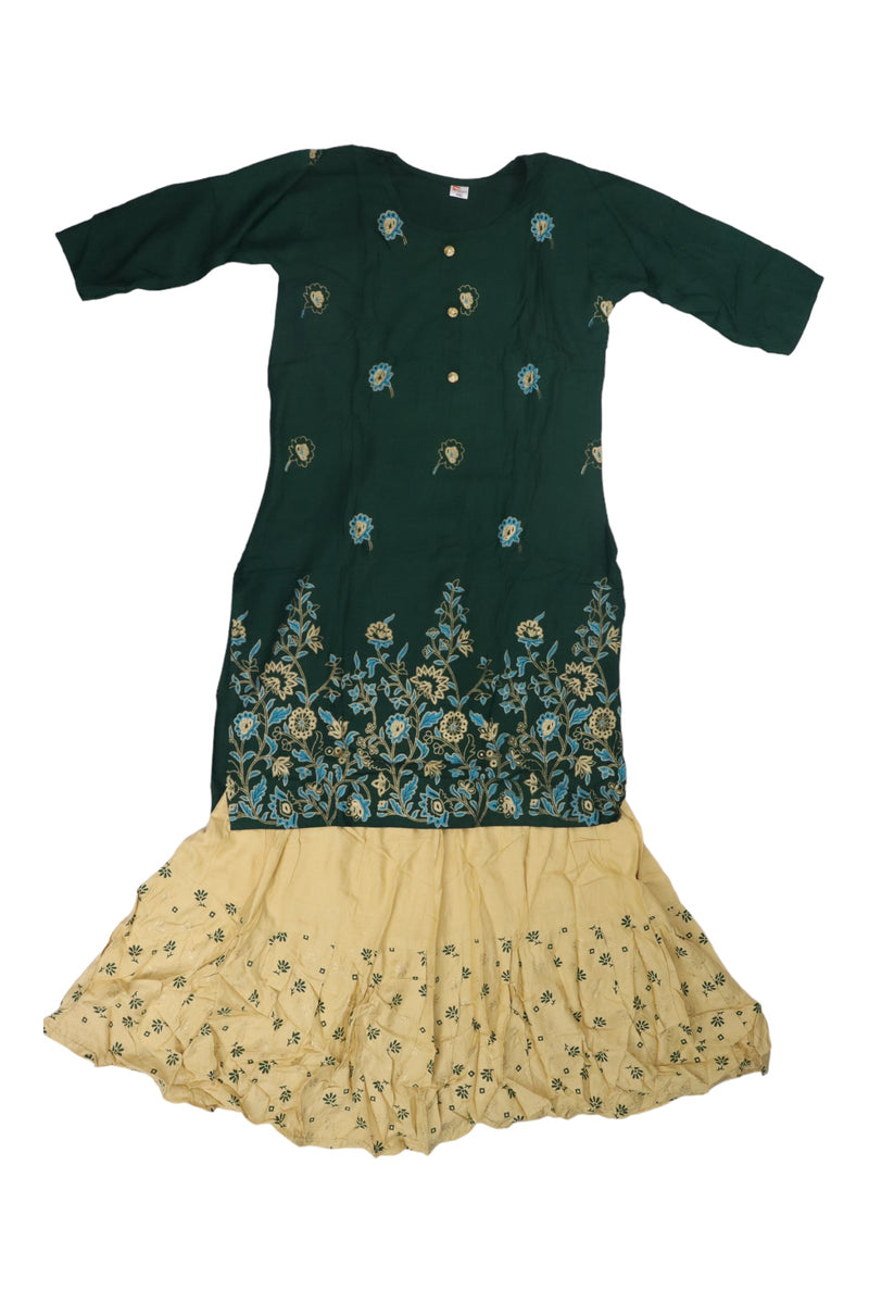 KURTI WITH SKIRT FOR WOMEN - GREEN AND SANDAL GRABO365