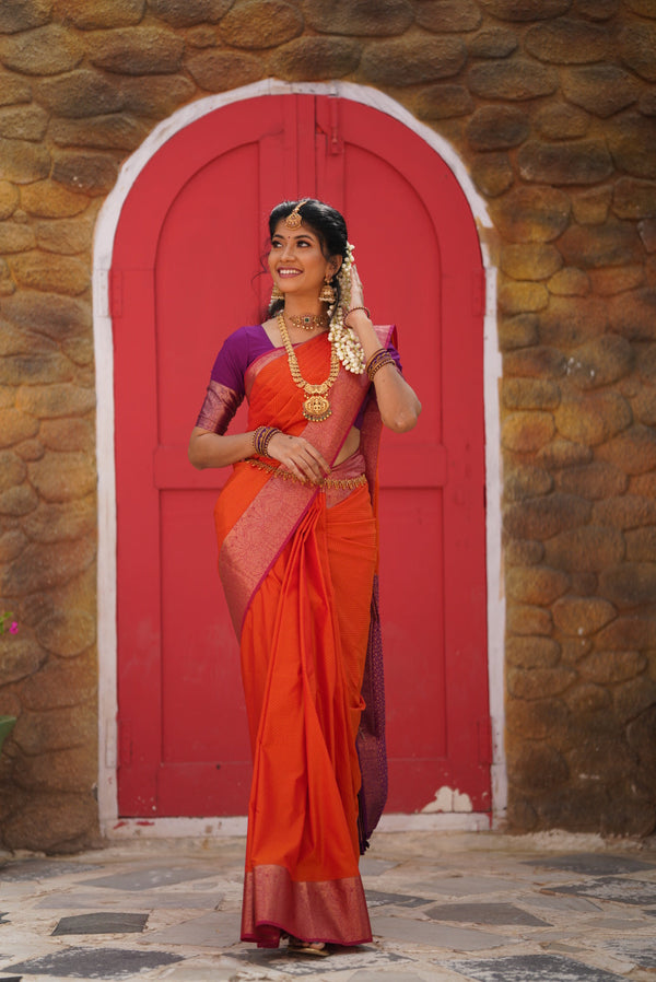 ORANGE ART SILK SAREE WITH GOLDEN ZARI BORDER GRABO365