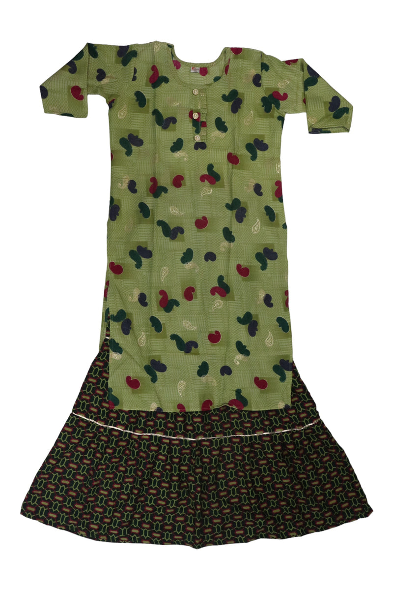 OLIVE GREEN KURTI WITH SKIRT FOR WOMEN GRABO365