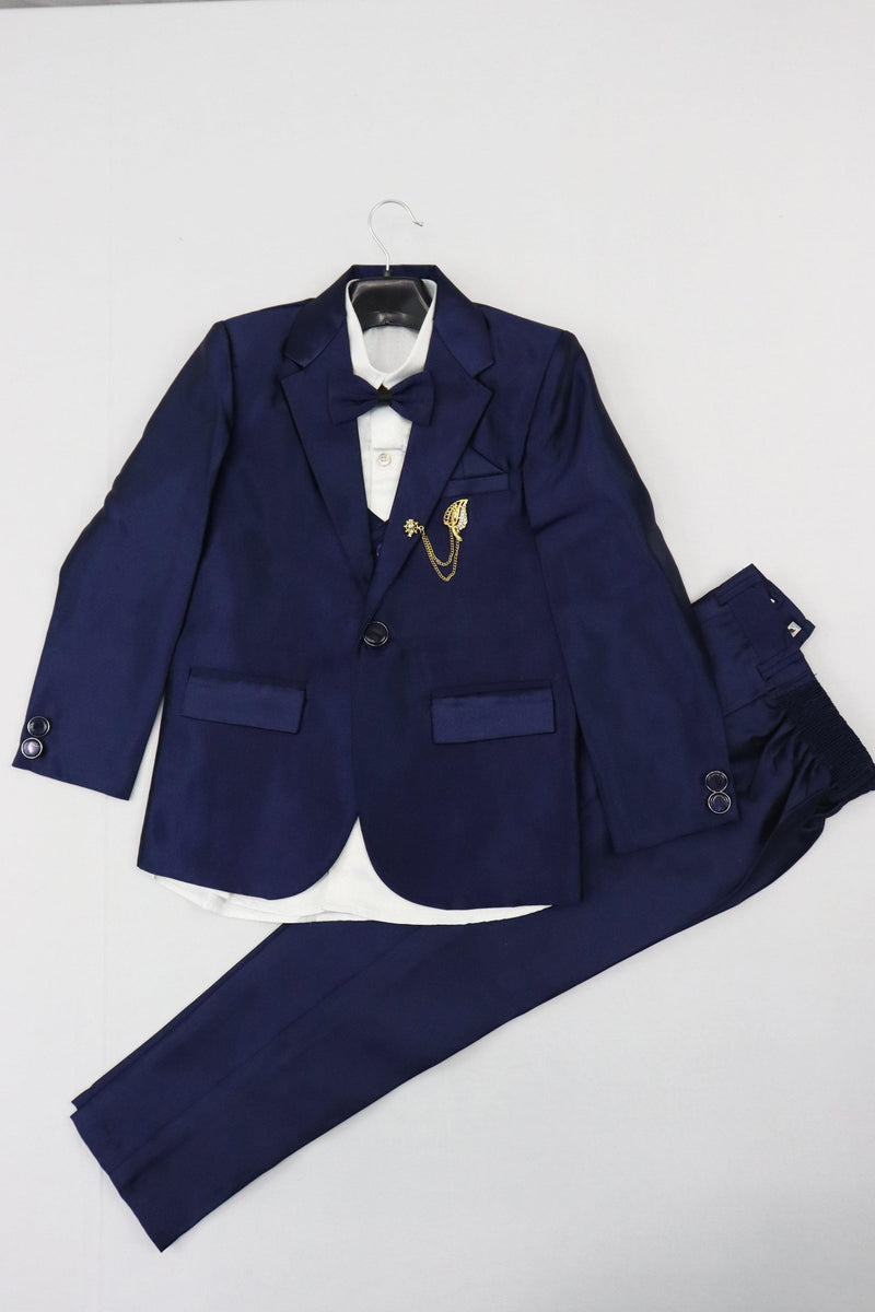 KIDS BOYS INDO WESTERN 5 PIECE SUIT SET WITH BLAZER BROOCH - NAVY BLUE AND WHITE GRABO365