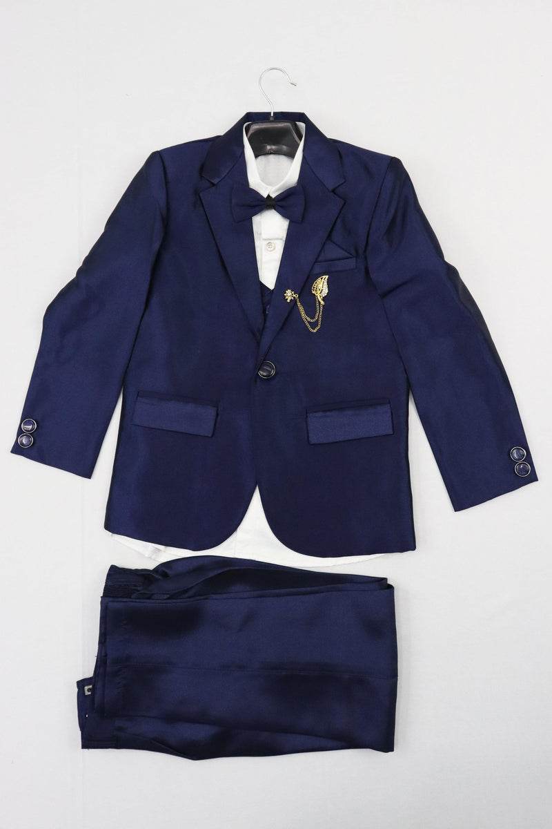 KIDS BOYS INDO WESTERN 5 PIECE SUIT SET WITH BLAZER BROOCH - NAVY BLUE AND WHITE GRABO365