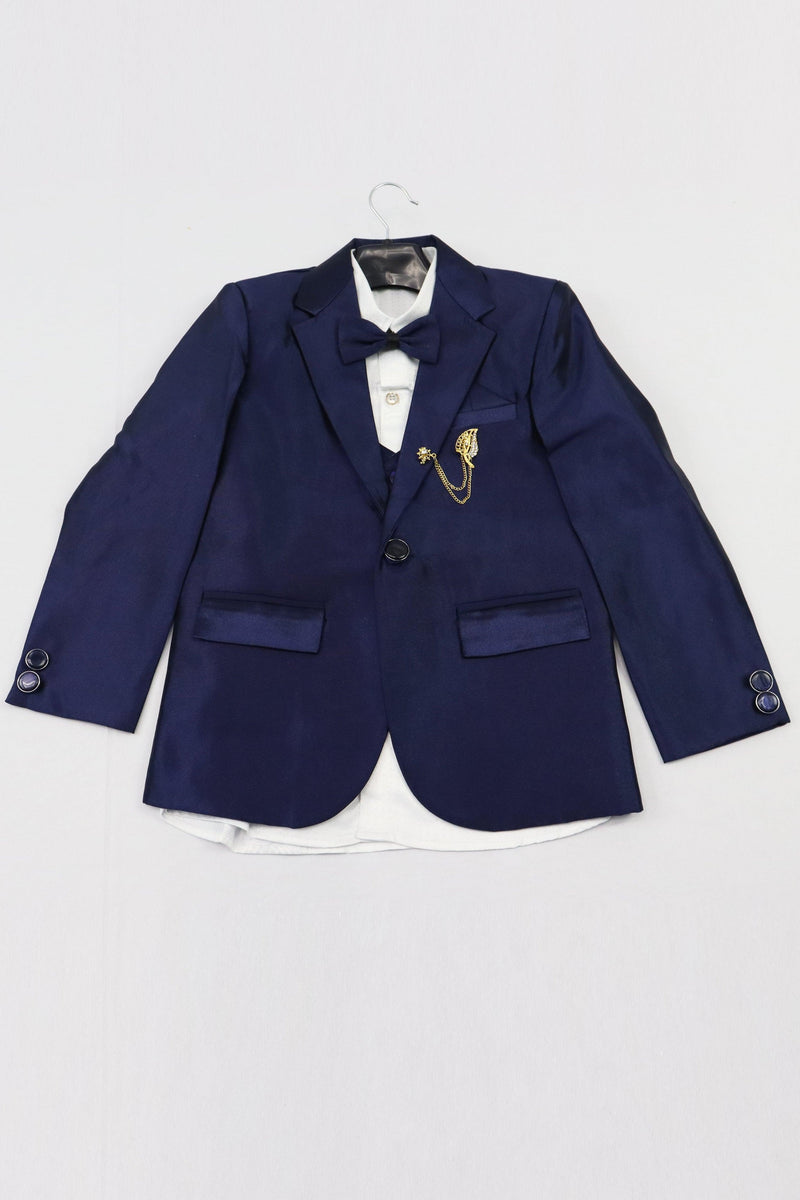 KIDS BOYS INDO WESTERN 5 PIECE SUIT SET WITH BLAZER BROOCH - NAVY BLUE AND WHITE GRABO365