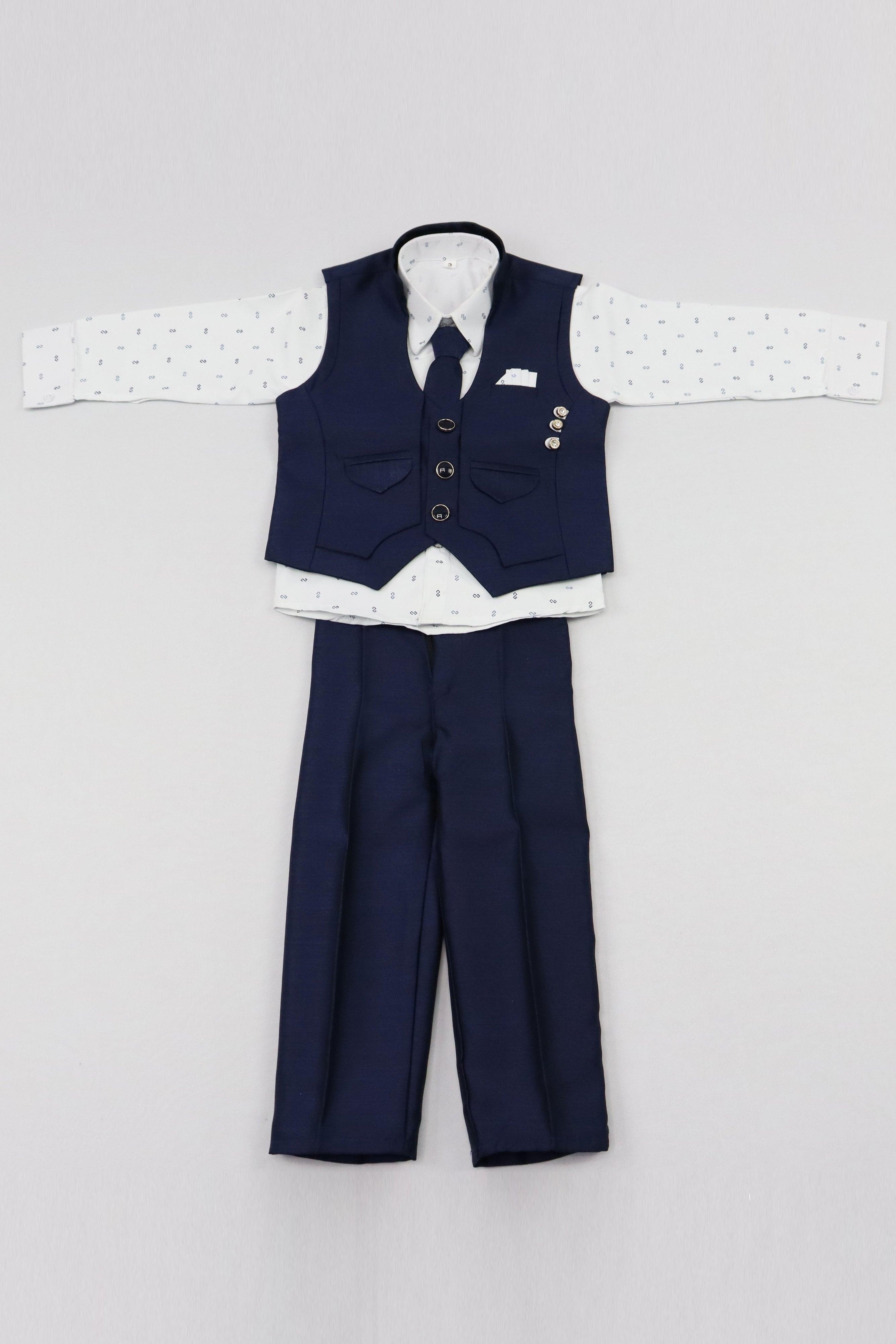 KIDS BOYS INDO WESTERN 4 PIECE SUIT SET WITH NECKTIE - NAVY BLUE AND WHITE GRABO365