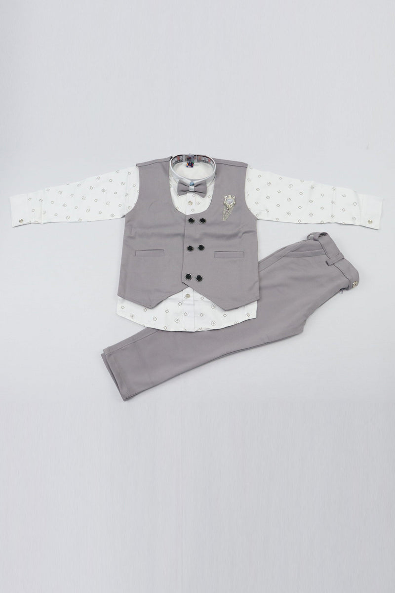 KIDS BOYS INDO WESTERN SUIT SET WITH BOW TIE - SHADY LADY AND WHITE GRABO365