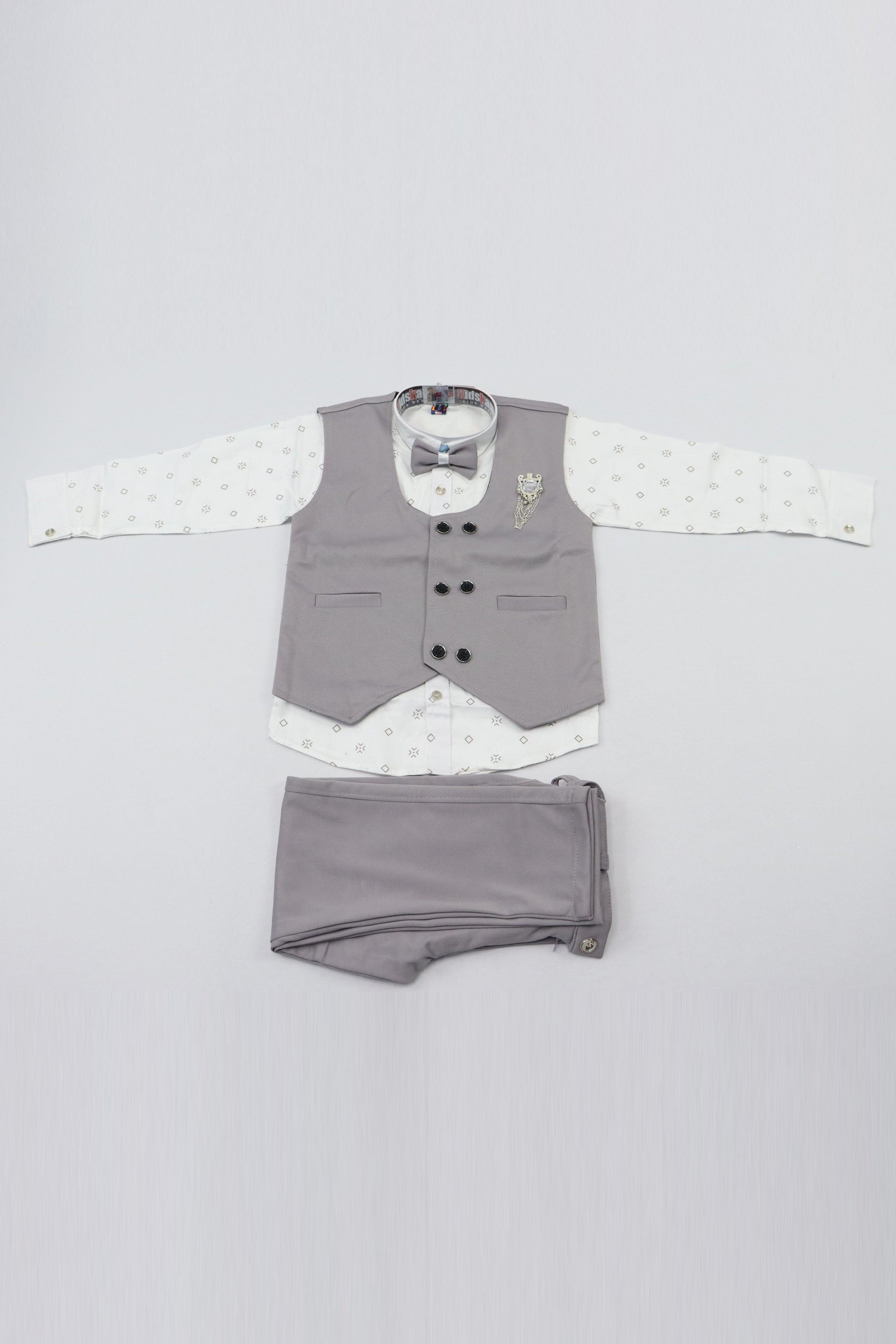 KIDS BOYS INDO WESTERN SUIT SET WITH BOW TIE - SHADY LADY AND WHITE GRABO365