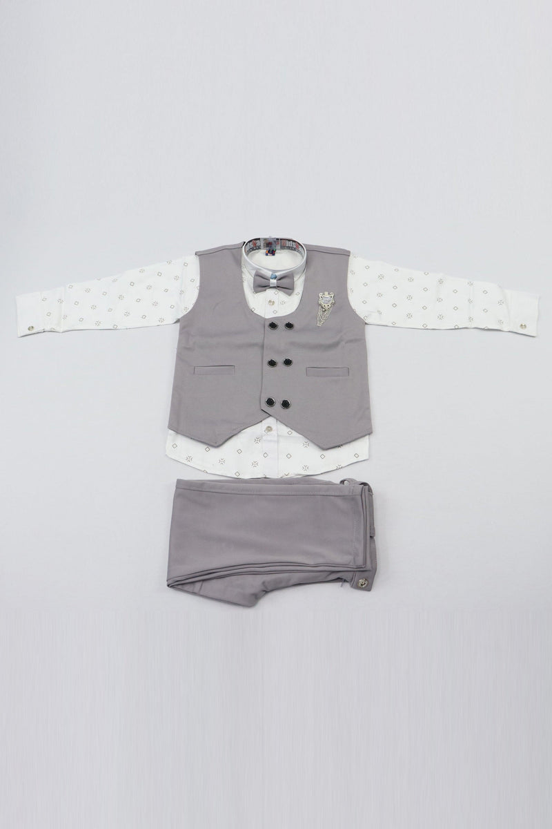 KIDS BOYS INDO WESTERN SUIT SET WITH BOW TIE - SHADY LADY AND WHITE GRABO365