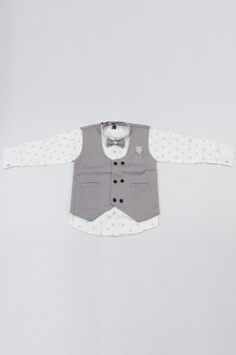 KIDS BOYS INDO WESTERN SUIT SET WITH BOW TIE - SHADY LADY AND WHITE GRABO365