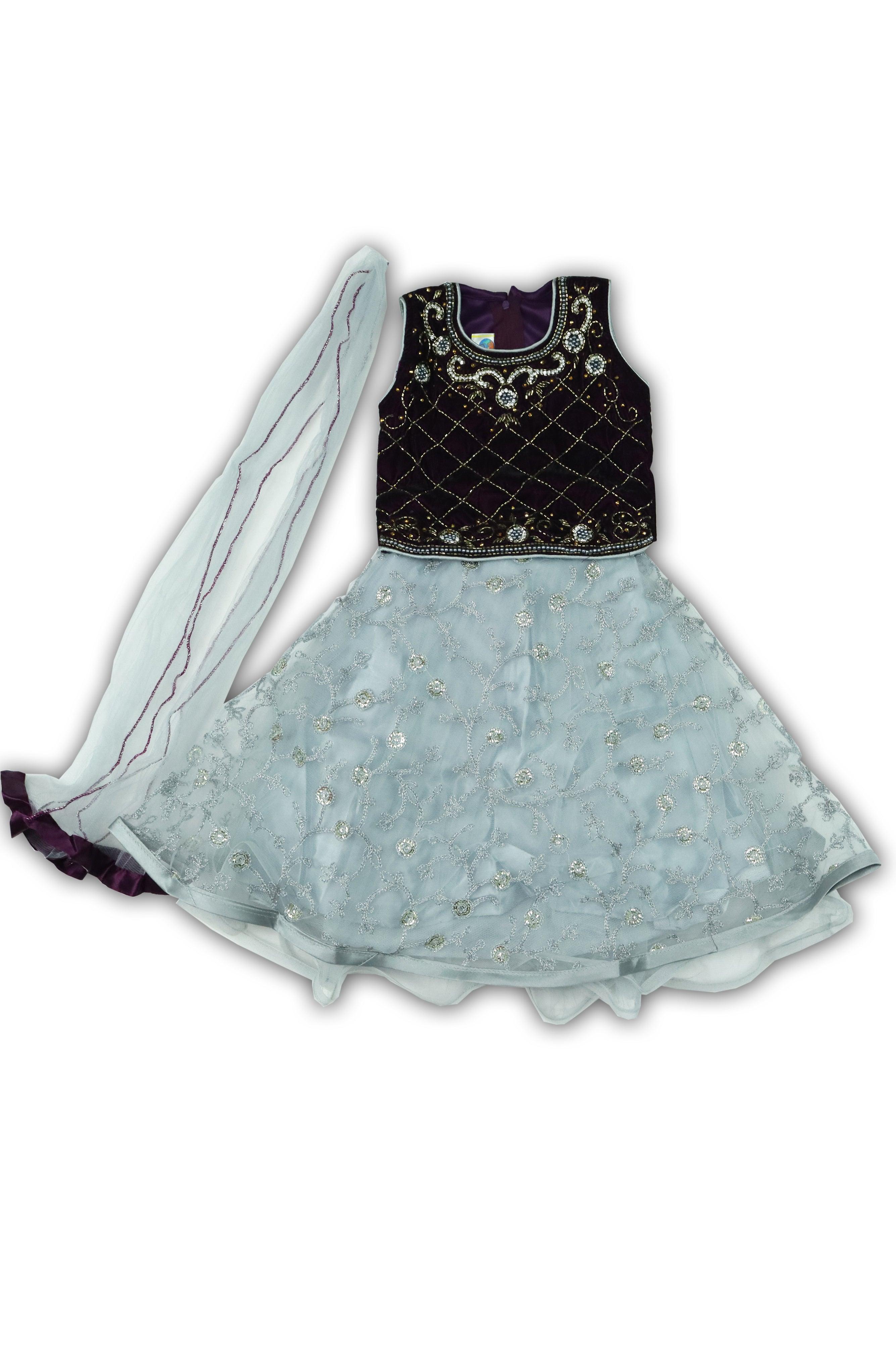 KIDS BABY READYMADE LEHENGA CHOLI- PURPLE WITH GREY GRABO365