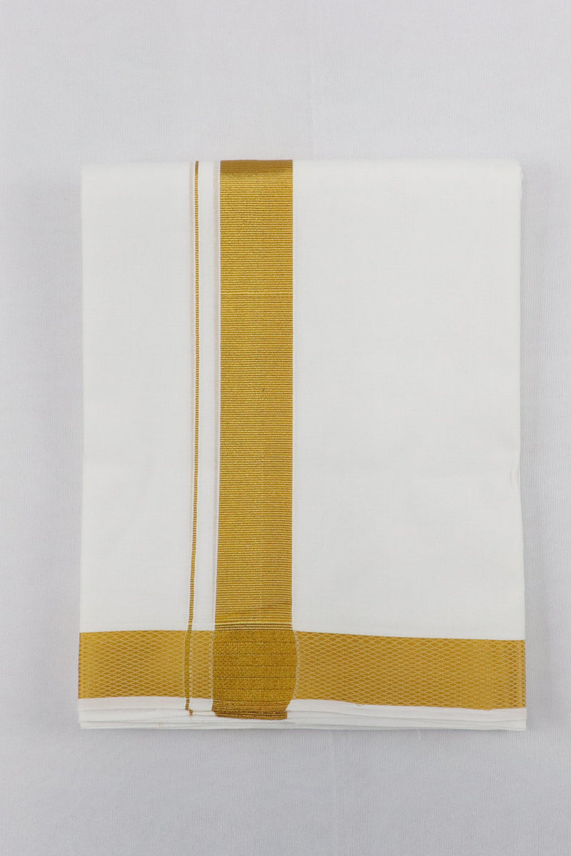 MEN'S DOUBLE DHOTI WHITE WITH SUPER RICH GOLDEN ZARI BORDER GRABO365