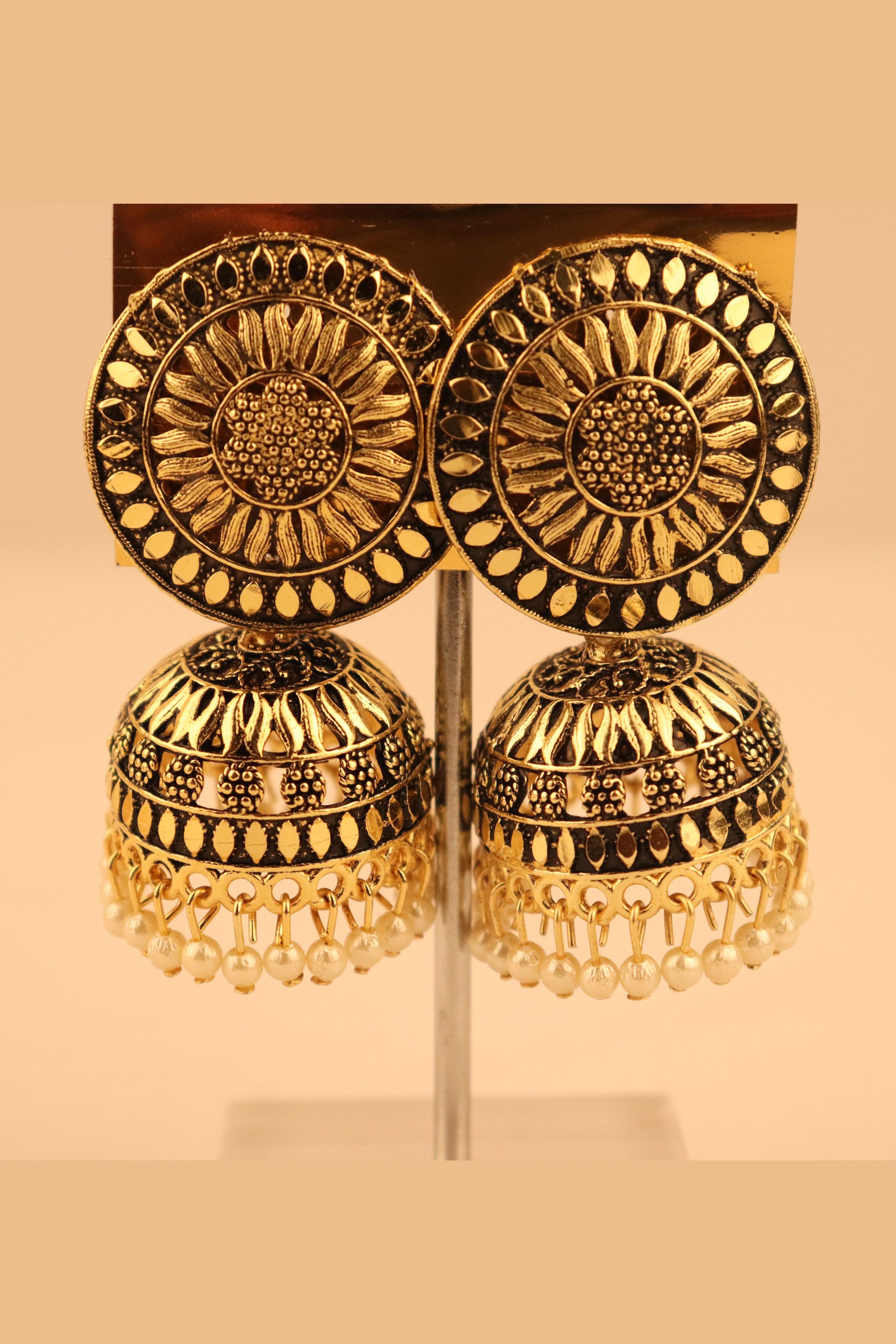 GOLD TONED OXIDIZED TRADITIONAL JHUMKA EARRINGS GRABO365