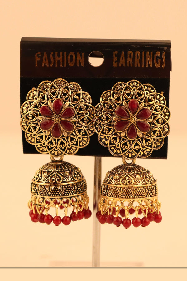 FLORAL PATTERN STONE WORK JHUMKA EARRINGS GRABO365