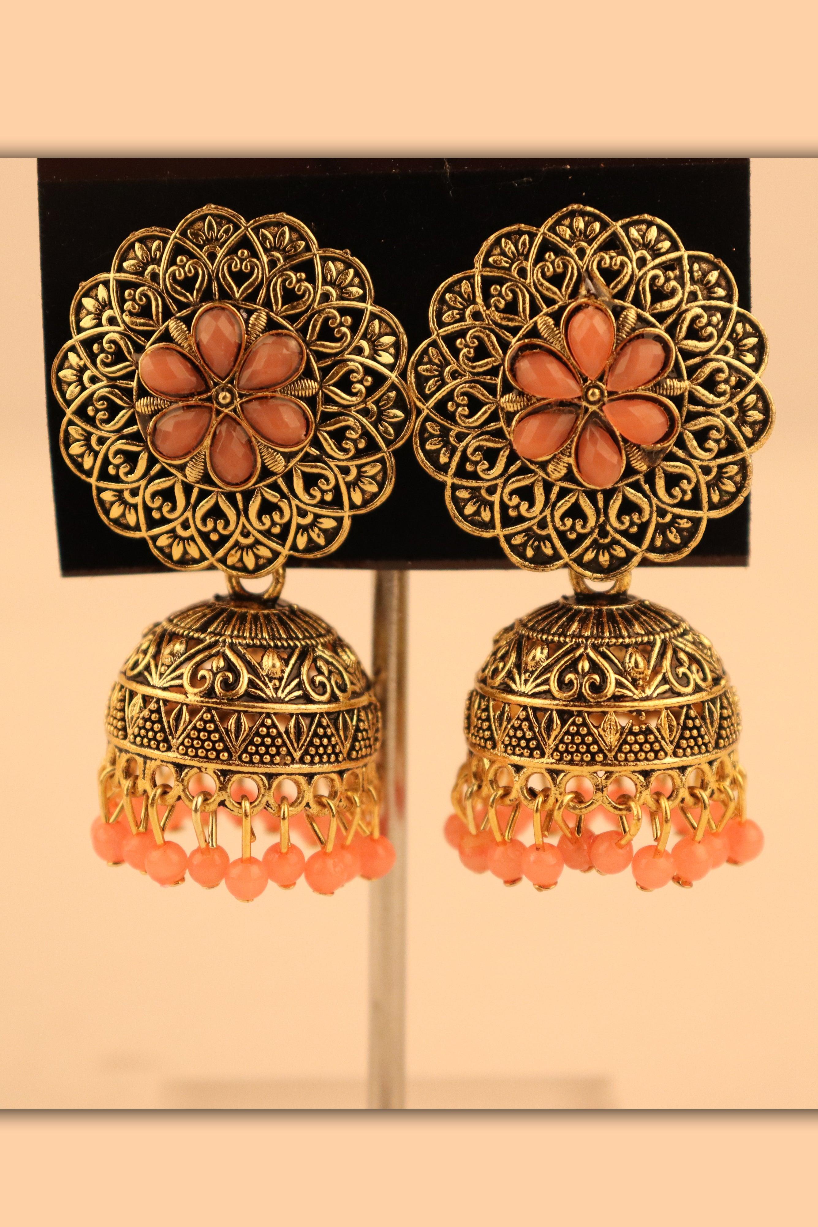 FLORAL PATTERN STONE WORK JHUMKA EARRINGS GRABO365