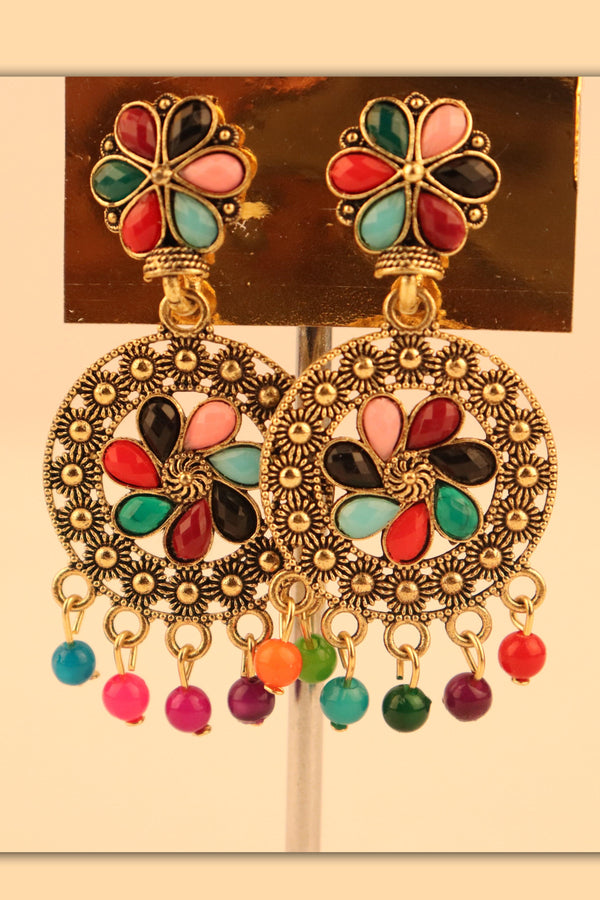 MULTICOLOUR FLORAL DESIGN DANGLER STUD EARRINGS GRABO365