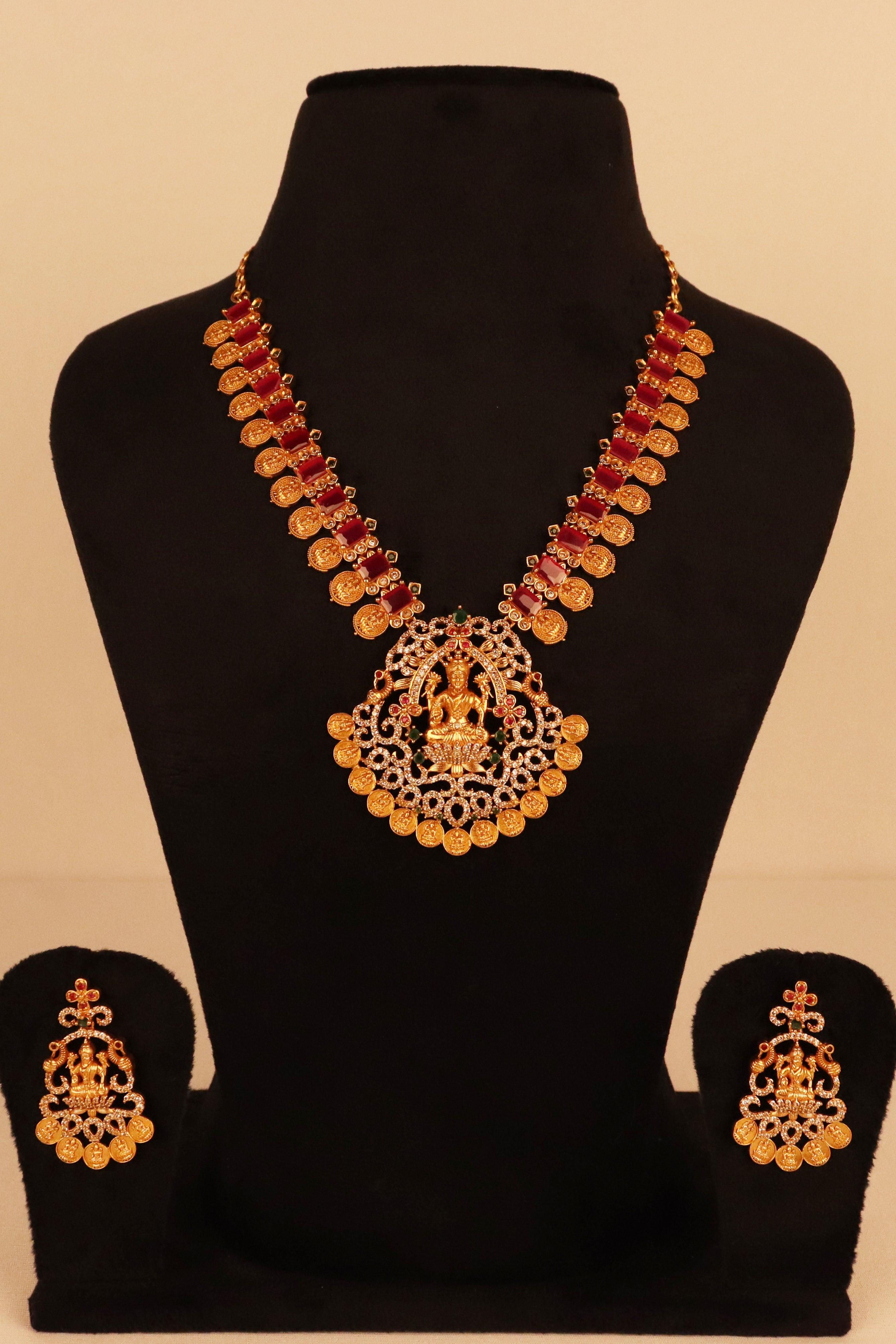 TRADITIONAL COIN PATTERN GODDESS LAXMI TEMPLE NECKLACE SET GRABO365