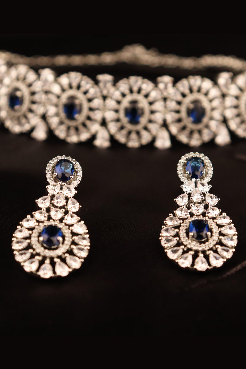 GORGEOUS AMERICAN DIAMOND & BLUE SAPPHIRE CHOKER EARRINGS SET GRABO365