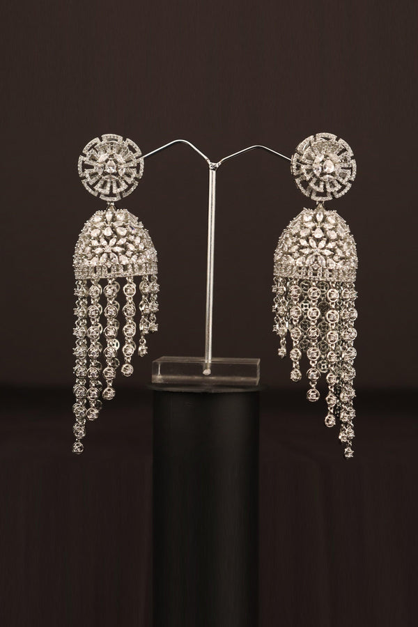 ELEGANT AMERICAN DIAMOND LONG TASSEL JHUMKA EARRINGS GRABO365