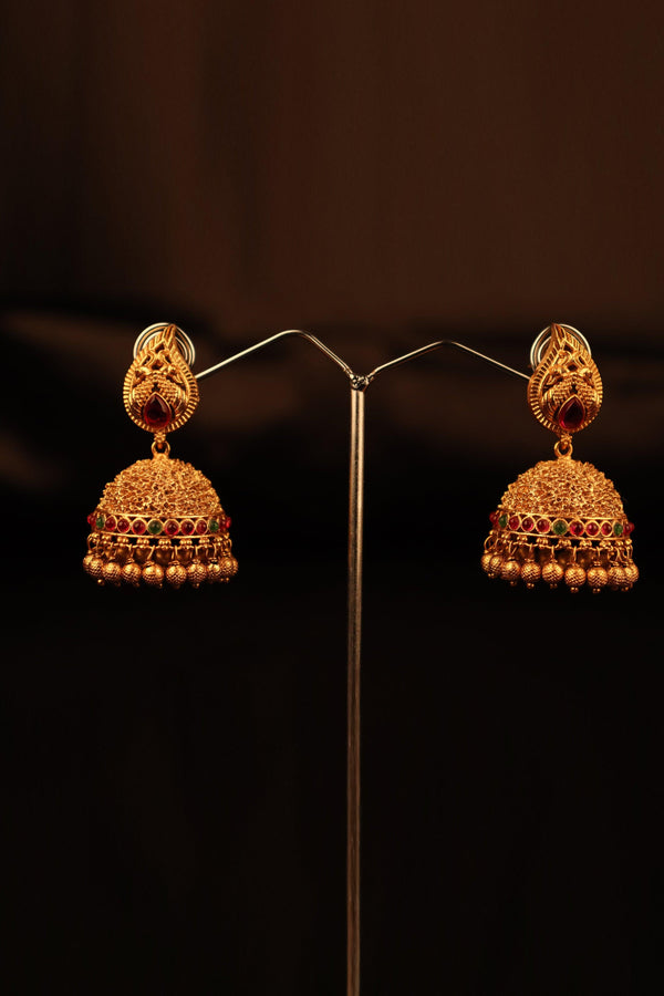 ANTIQUE TEMPLE PREMIUM KEMP STONE JHUMKA EARRINGS GRABO365