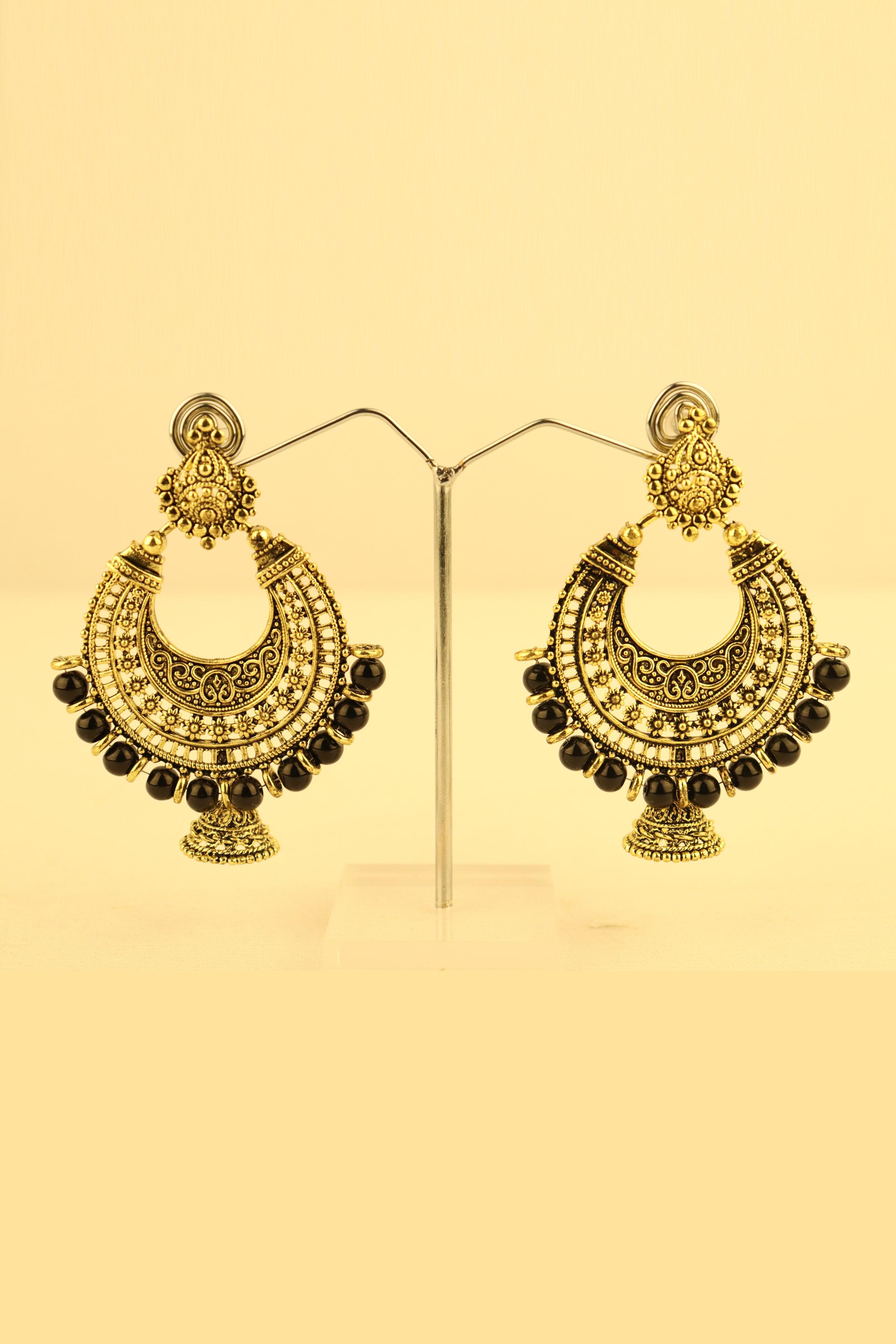 GOLD PLATED OXIDIZED DANGLER EARRINGS WITH BLACK BEAD DROPS GRABO365