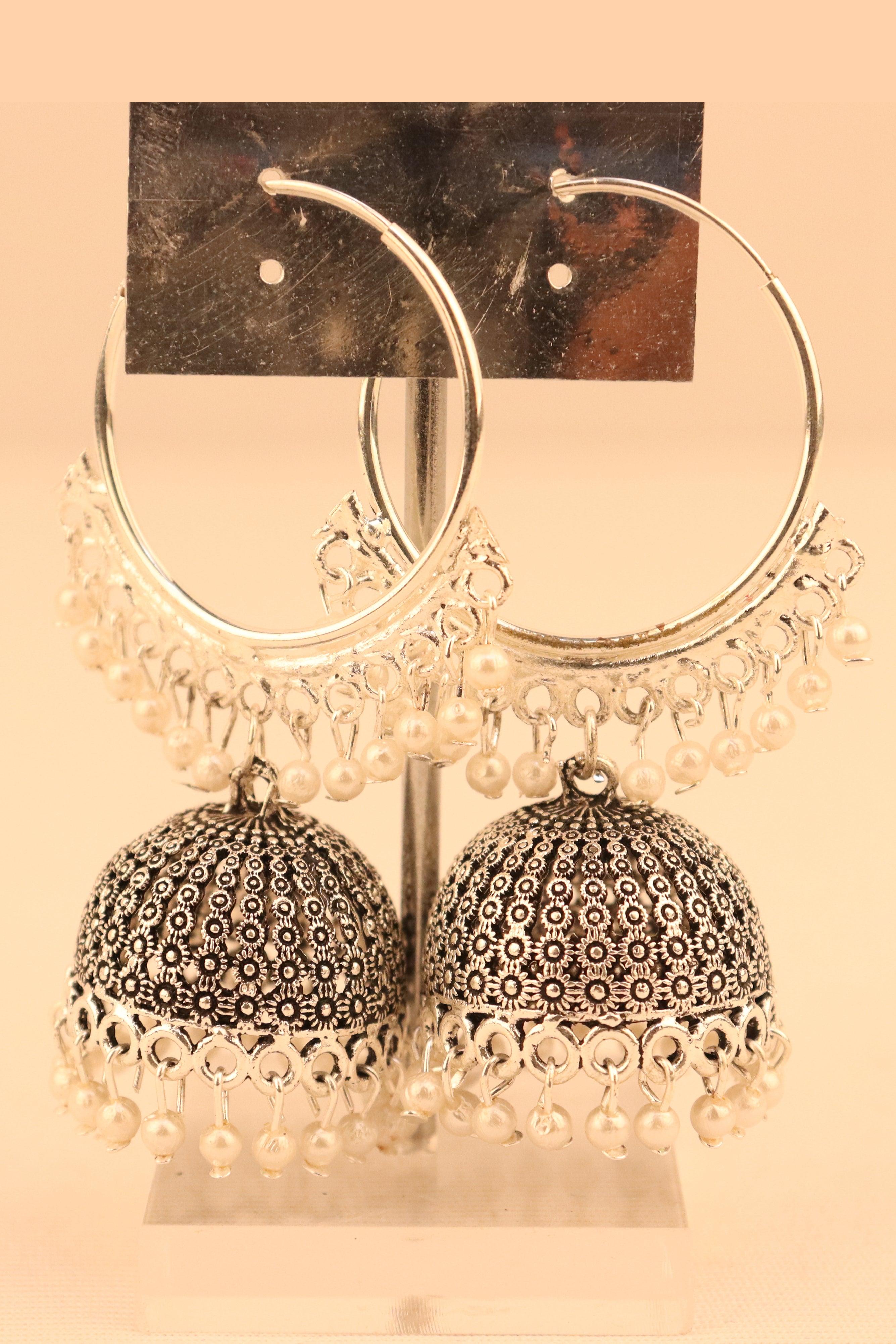 SILVER OXIDIZED BIG HOOPS JHUMKA EARRINGS GRABO365