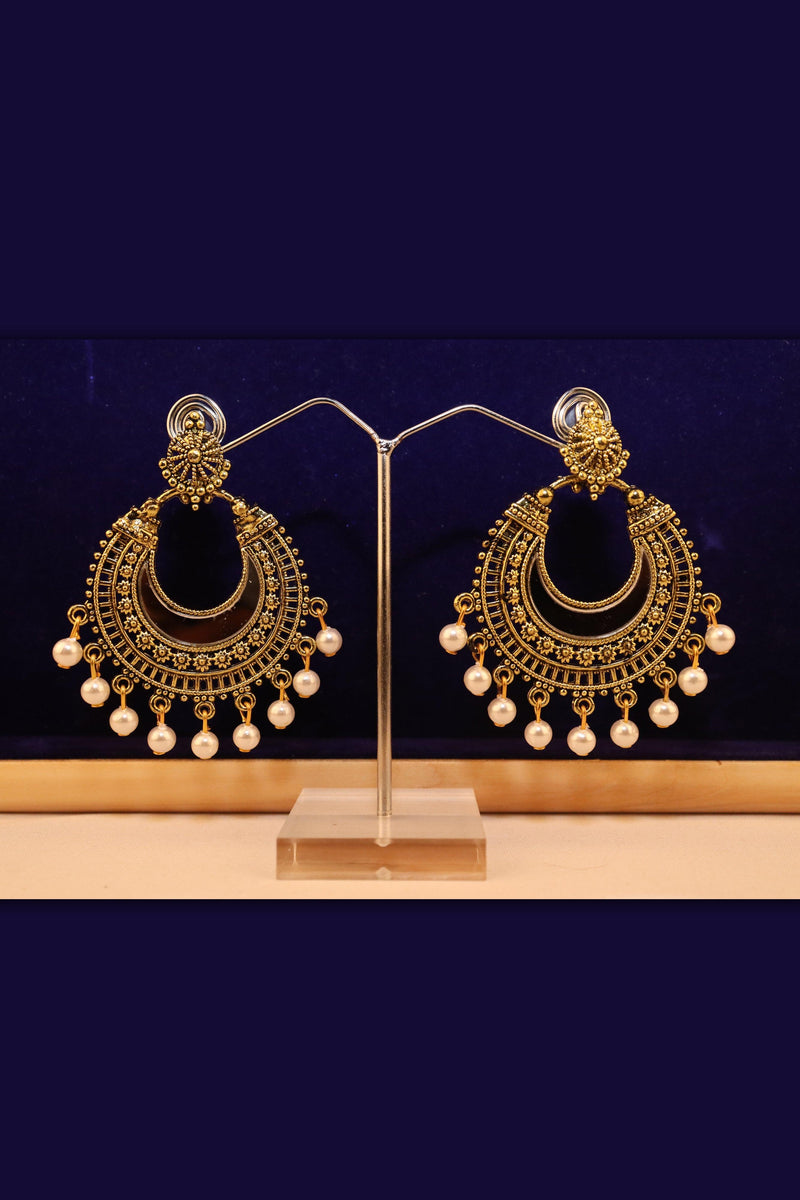 GOLD PLATED OXIDIZED DANGLER EARRINGS WITH PEARL BEAD DROPS GRABO365