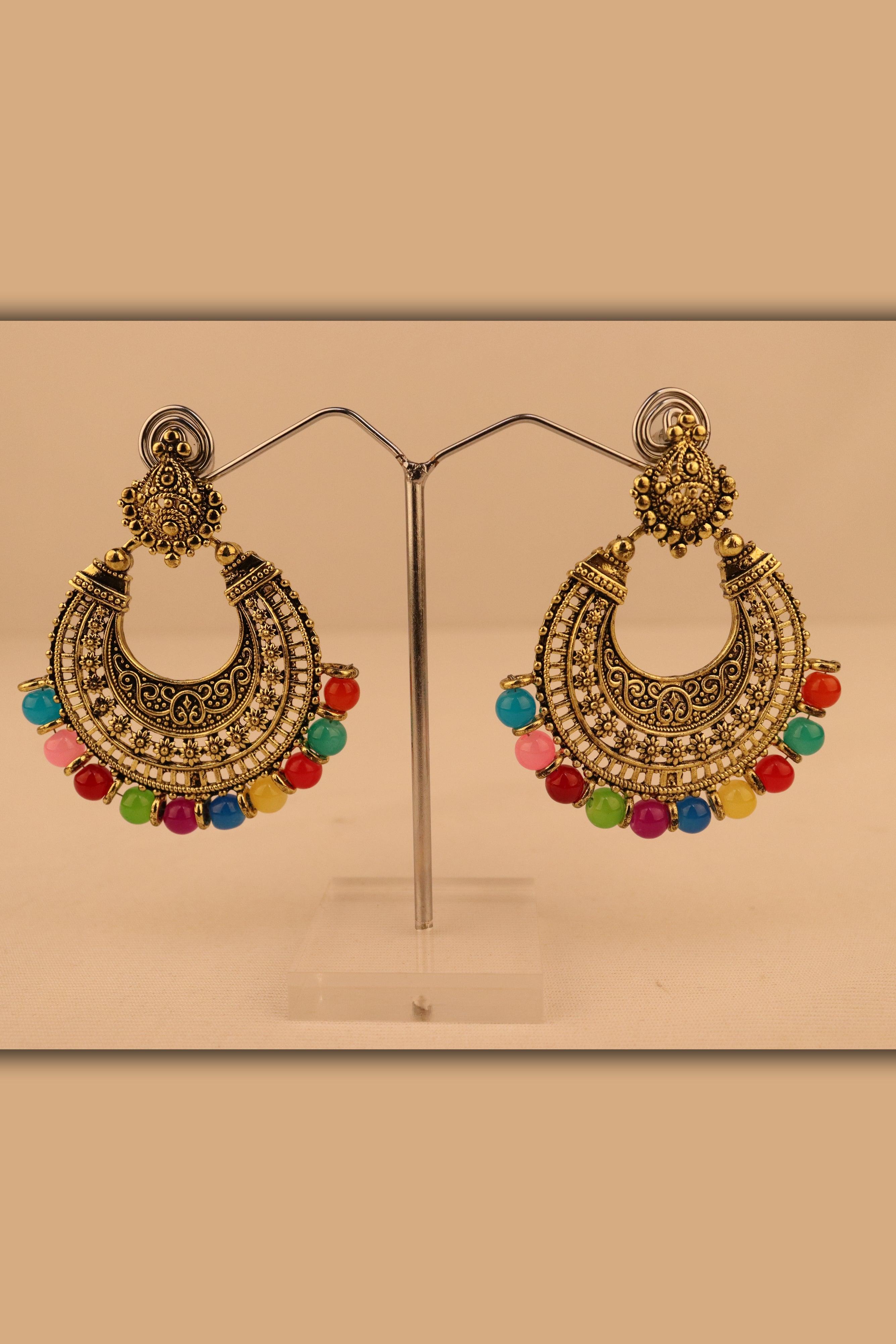 GOLD TONE OXIDIZED DANGLER EARRINGS WITH MULTICOLOUR BEAD DROPS GRABO365