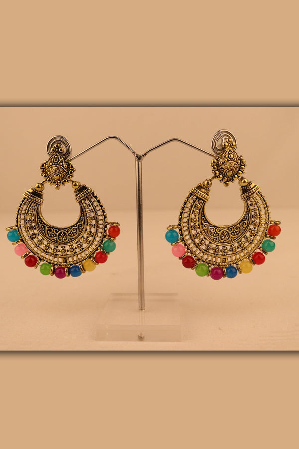 GOLD TONE OXIDIZED DANGLER EARRINGS WITH MULTICOLOUR BEAD DROPS GRABO365