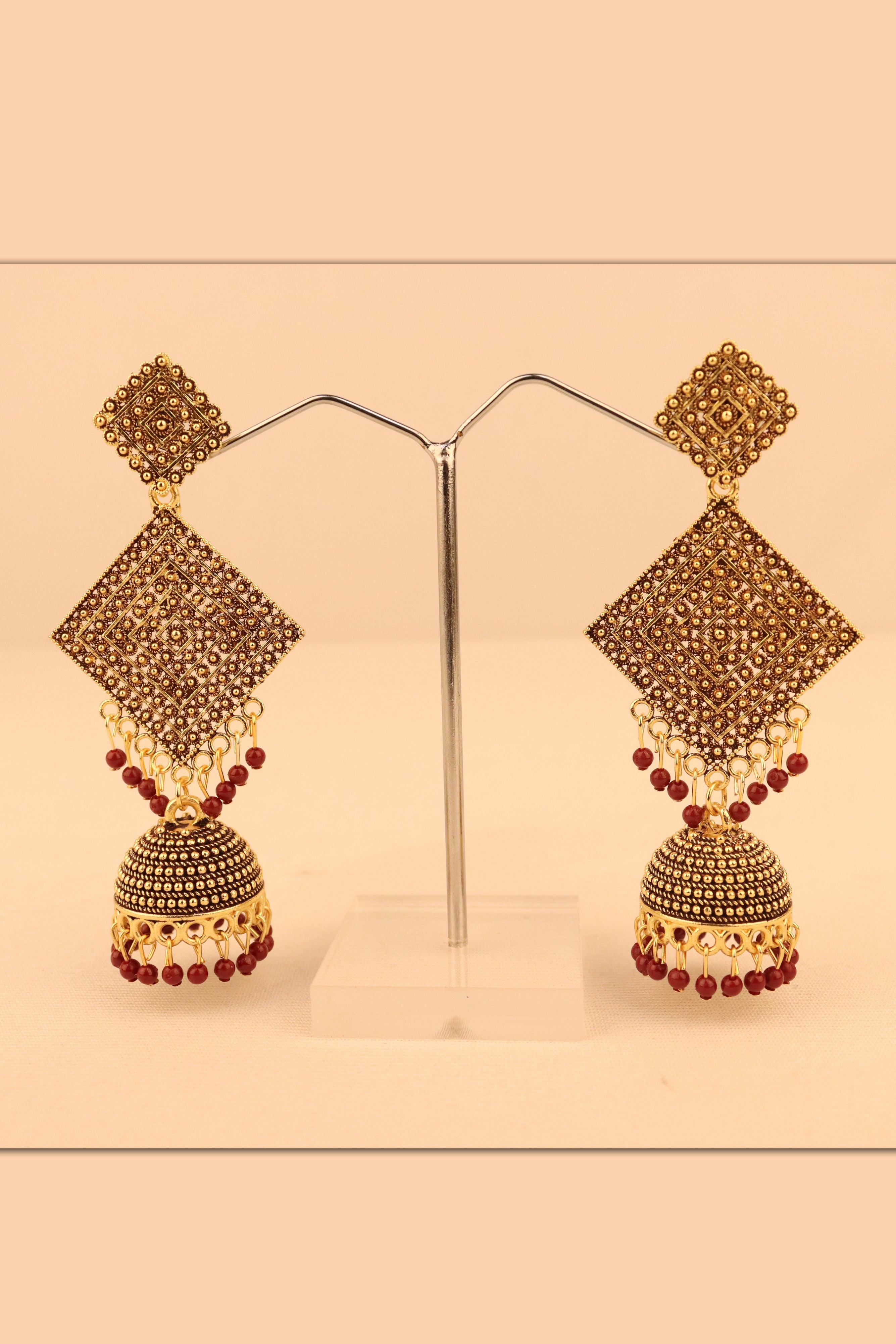 OXIDIZED SQUARE DESIGN LONG JHUMKA EARRINGS GRABO365