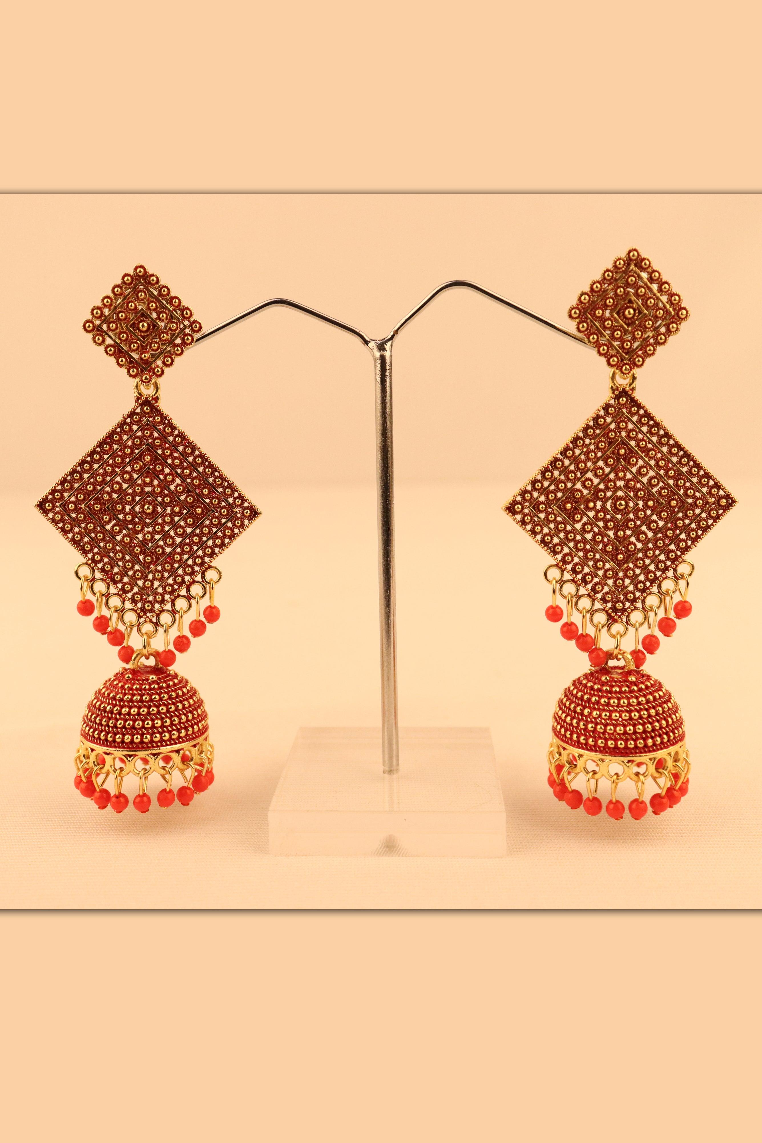 DESIGNER SQUARE DESIGN LONG JHUMKA EARRINGS GRABO365