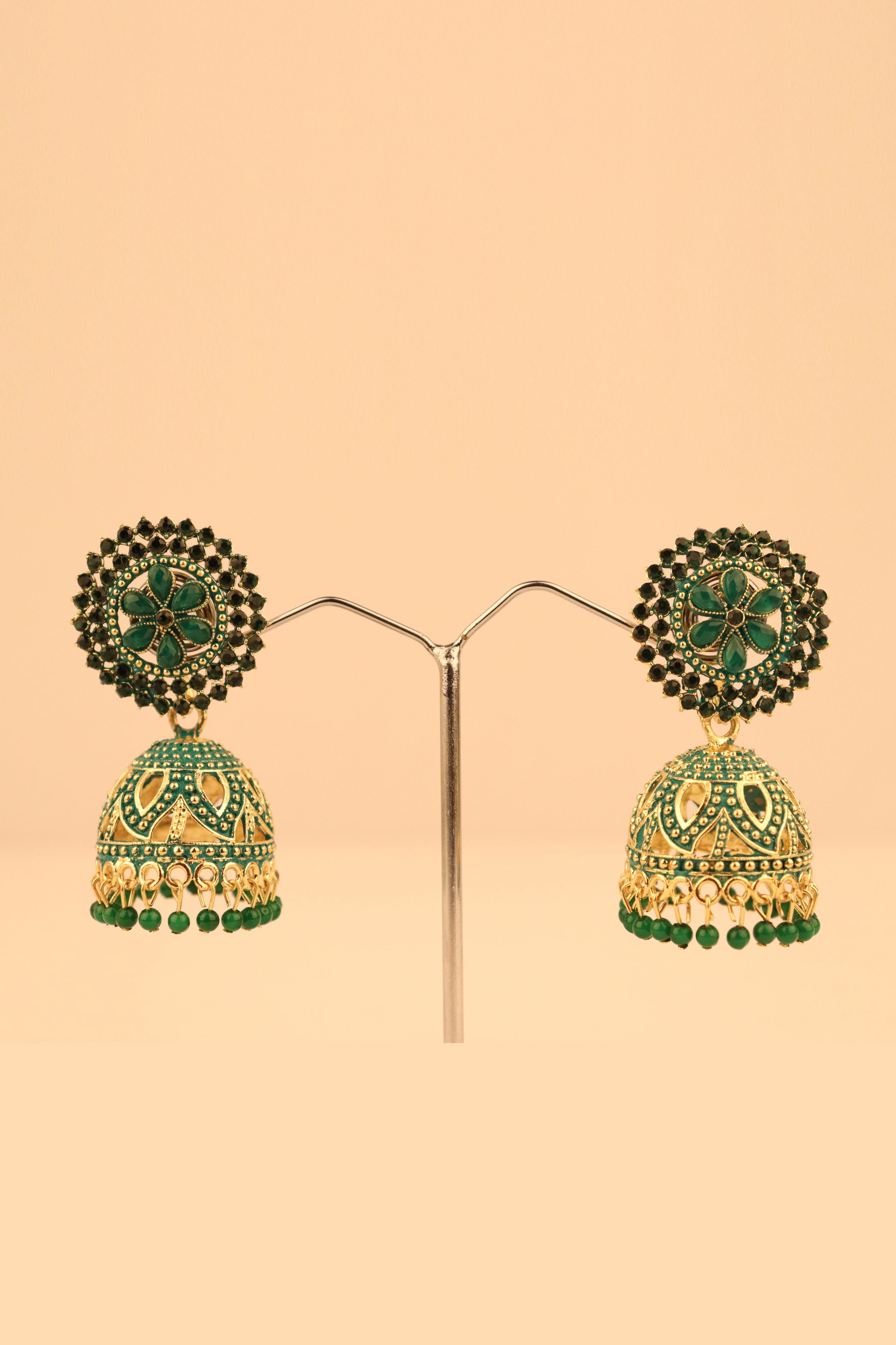 FLORAL PATTERN STONE WORK JHUMKA EARRINGS GRABO365