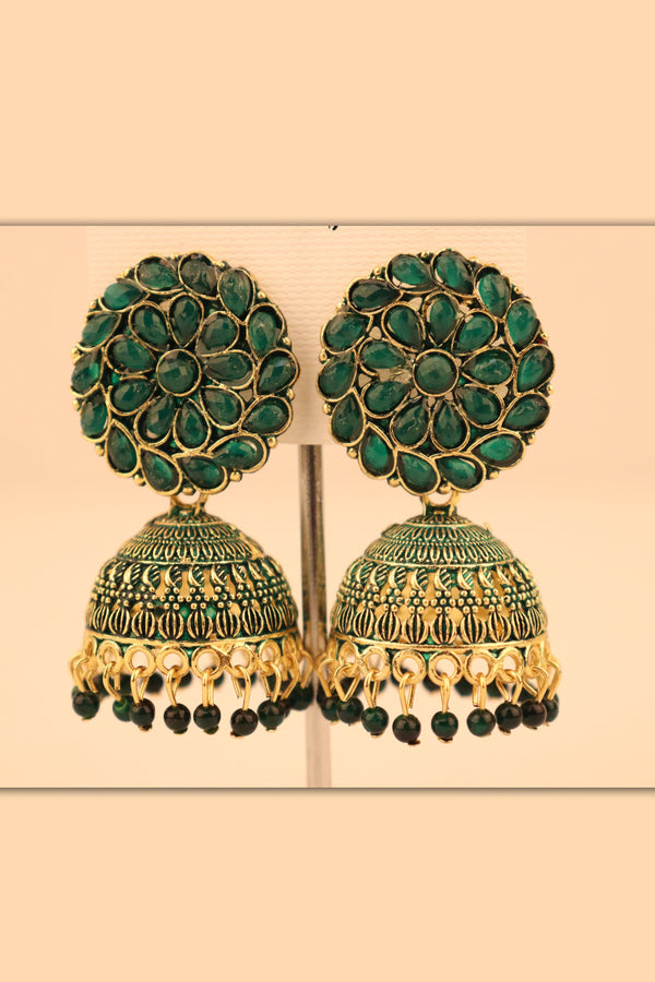 FLORAL PATTERN STONE WORK JHUMKA EARRINGS GRABO365